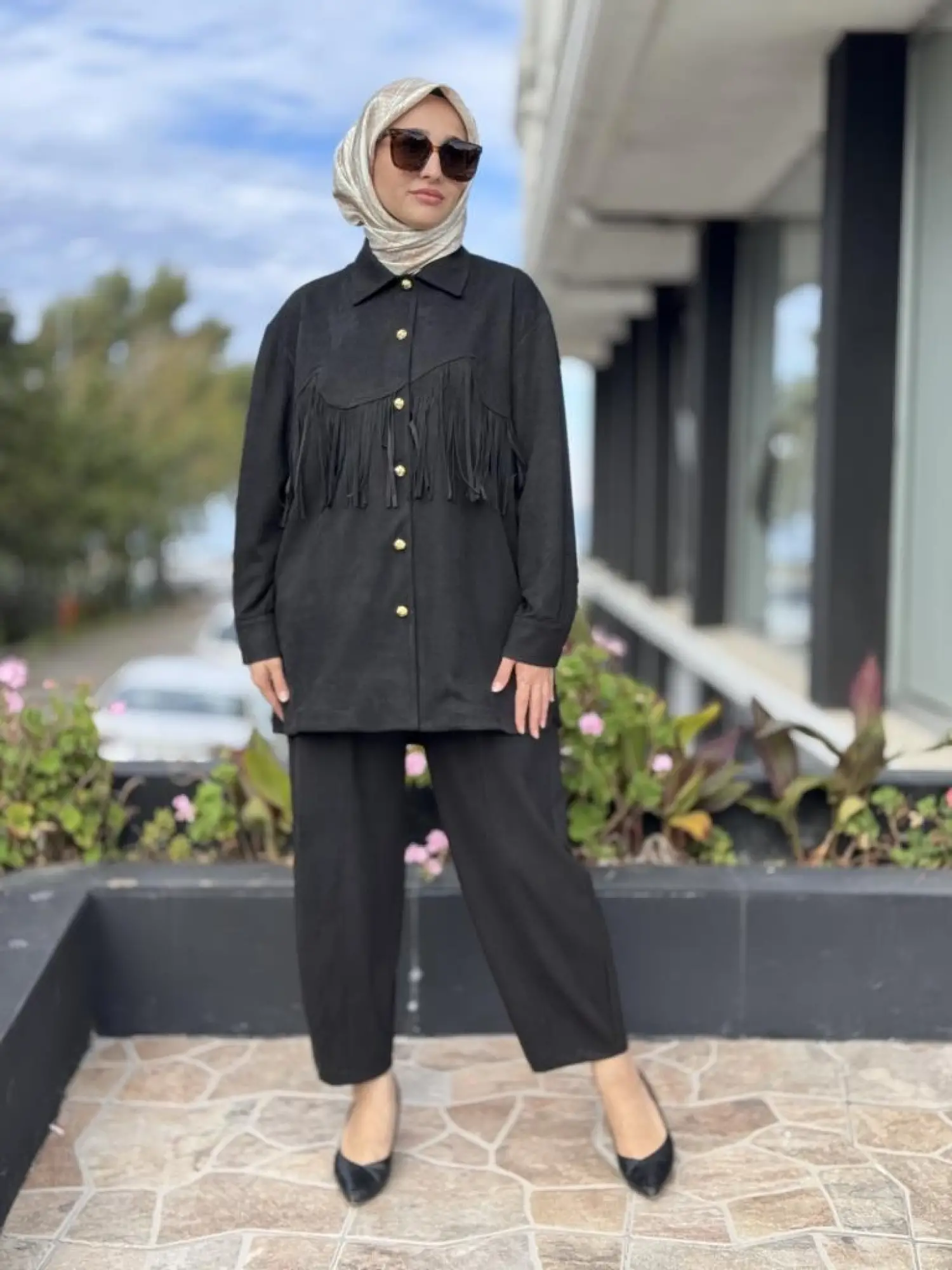 Ghisa Püskül ve Gold Düğme Detaylı Süet Gömlek Pantolon Takım G4119