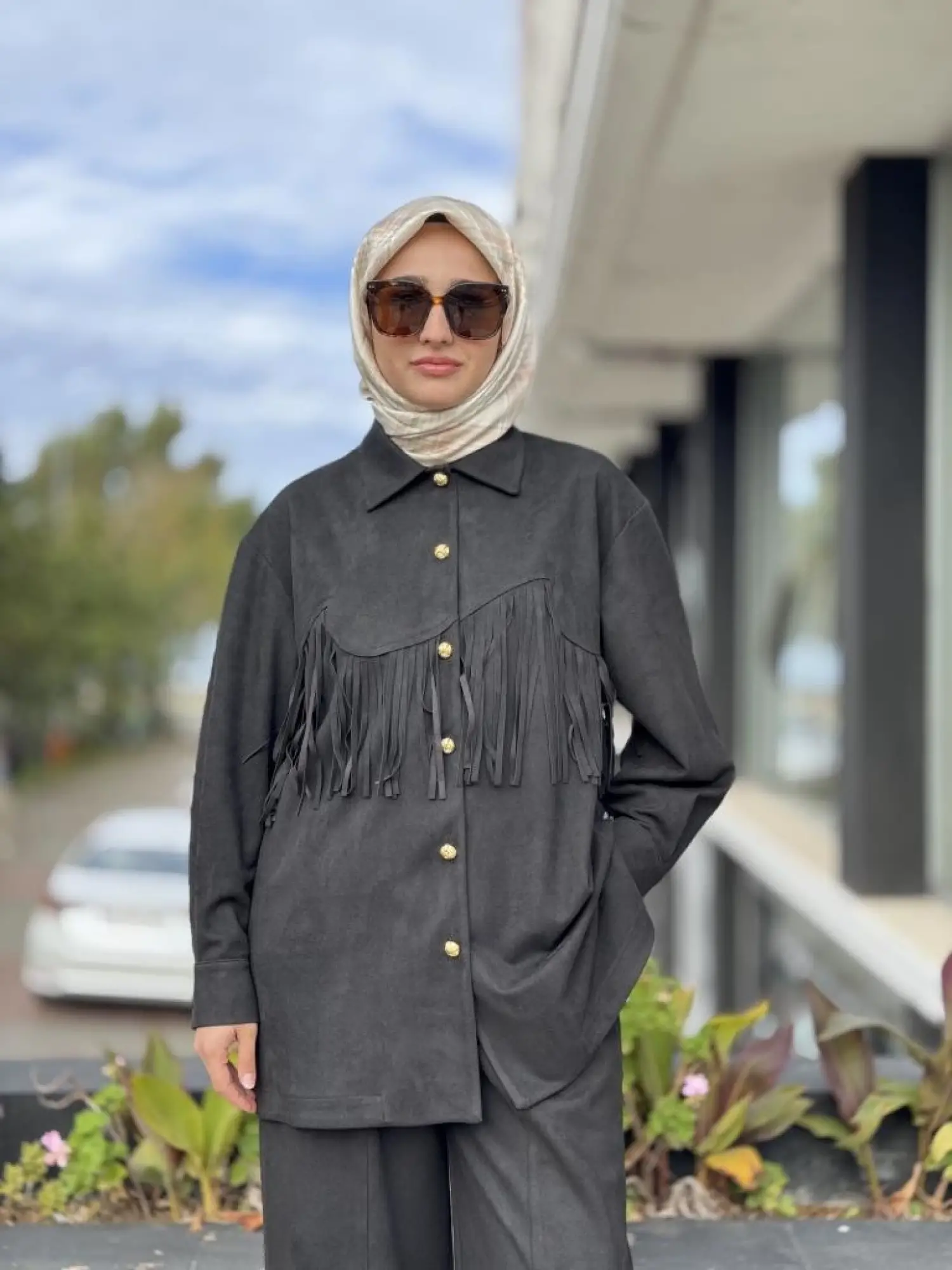 Ghisa Püskül ve Gold Düğme Detaylı Süet Gömlek Pantolon Takım G4119