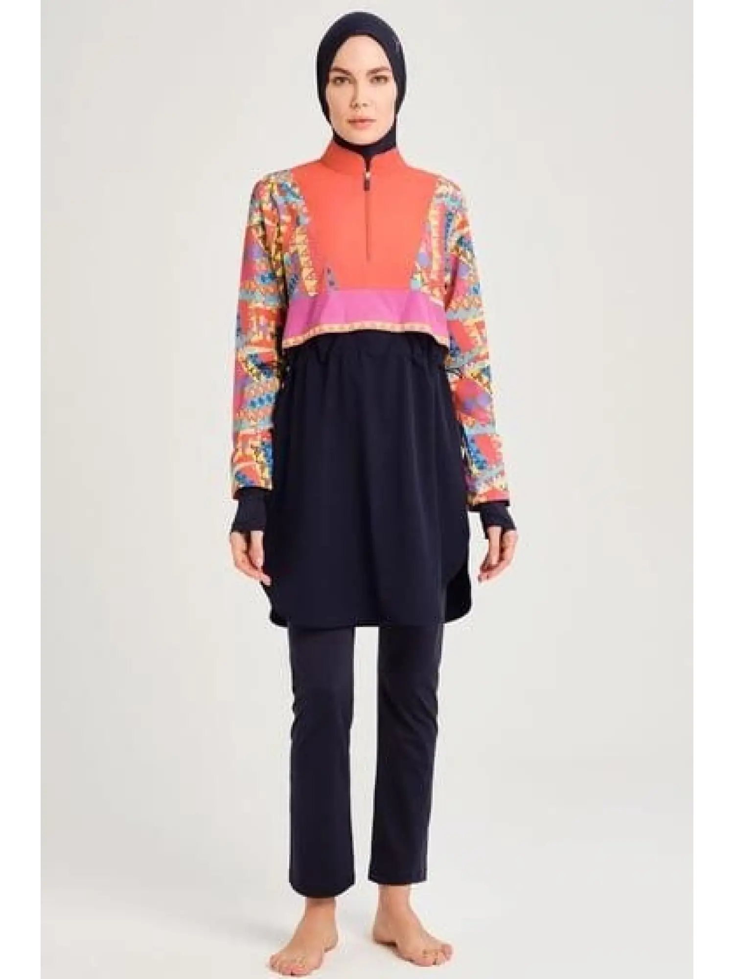 Haşema Anadolu Desenli Lacivert-Lilal Tam Tesettür Tek Mayo Üstü HSM3078