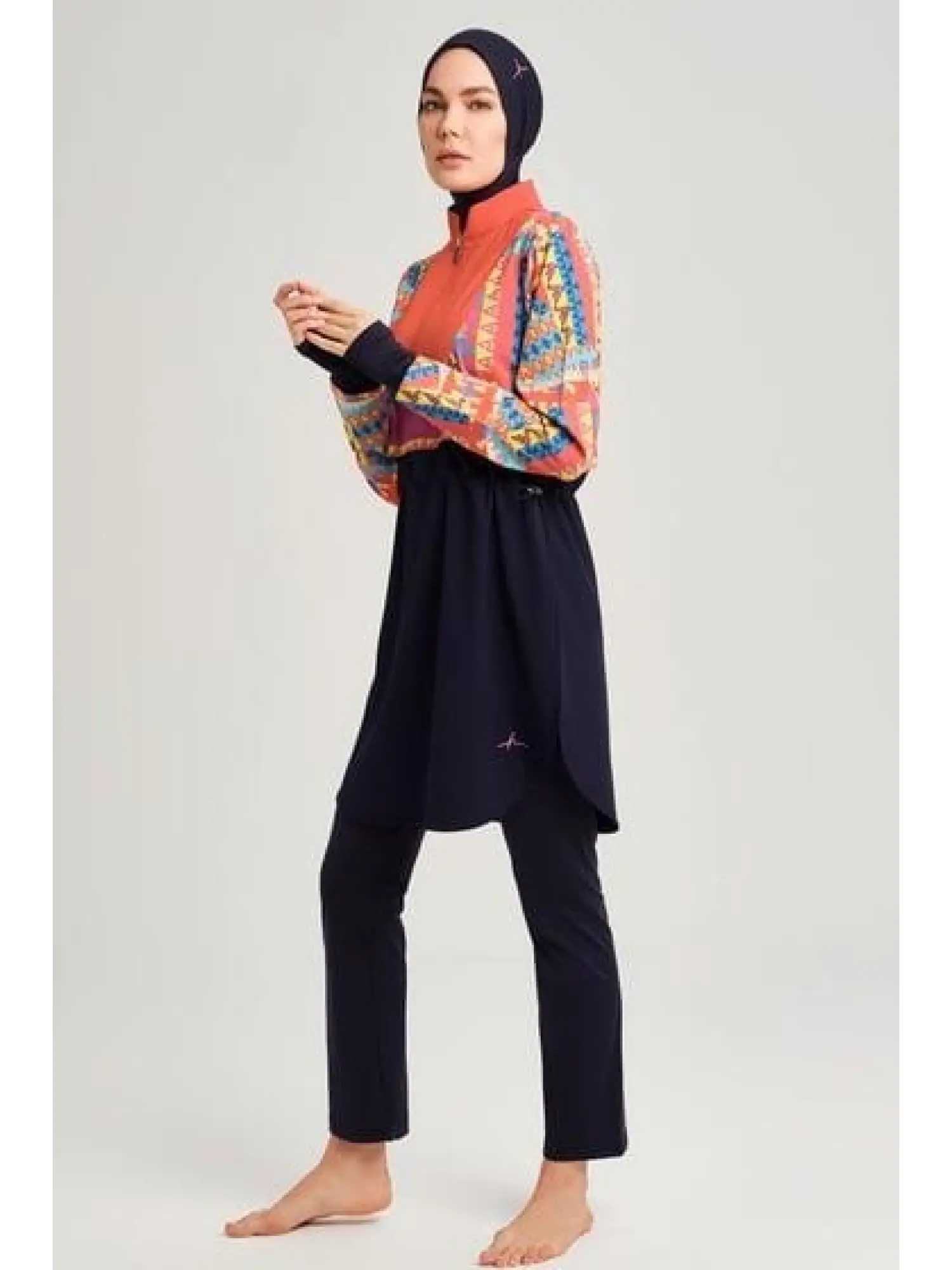 Haşema Anadolu Desenli Lacivert-Lilal Tam Tesettür Tek Mayo Üstü HSM3078