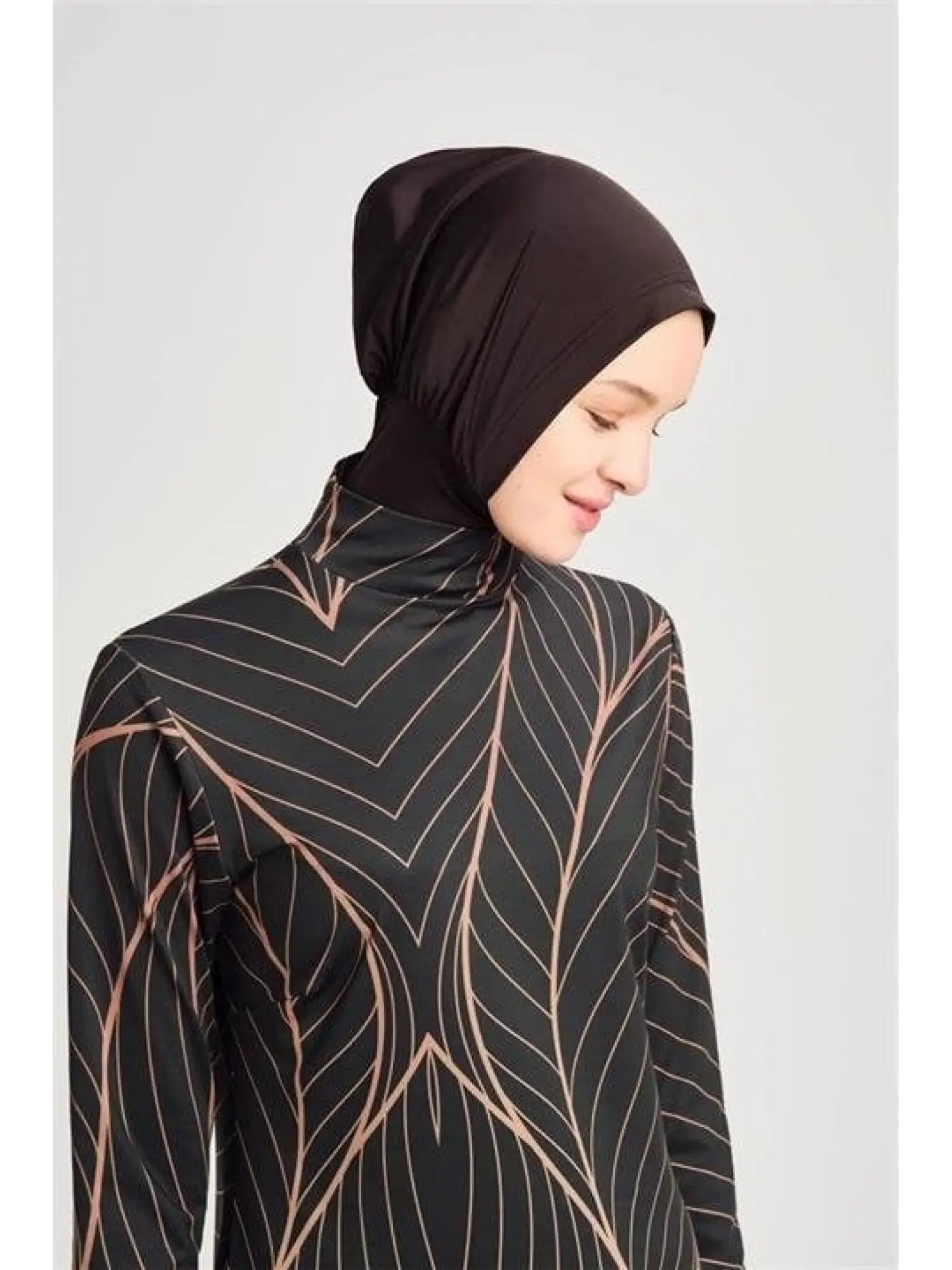 Haşema Bakır Çizgili Likralı Yeşil 3 Parça Tesettür Mayo Takımı NHR2254