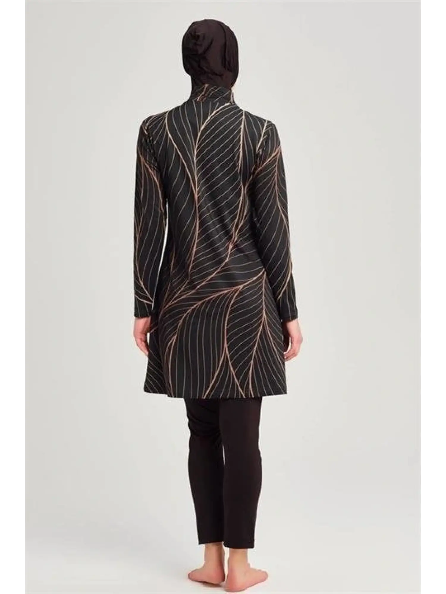 Haşema Bakır Çizgili Likralı Yeşil 3 Parça Tesettür Mayo Takımı NHR2254