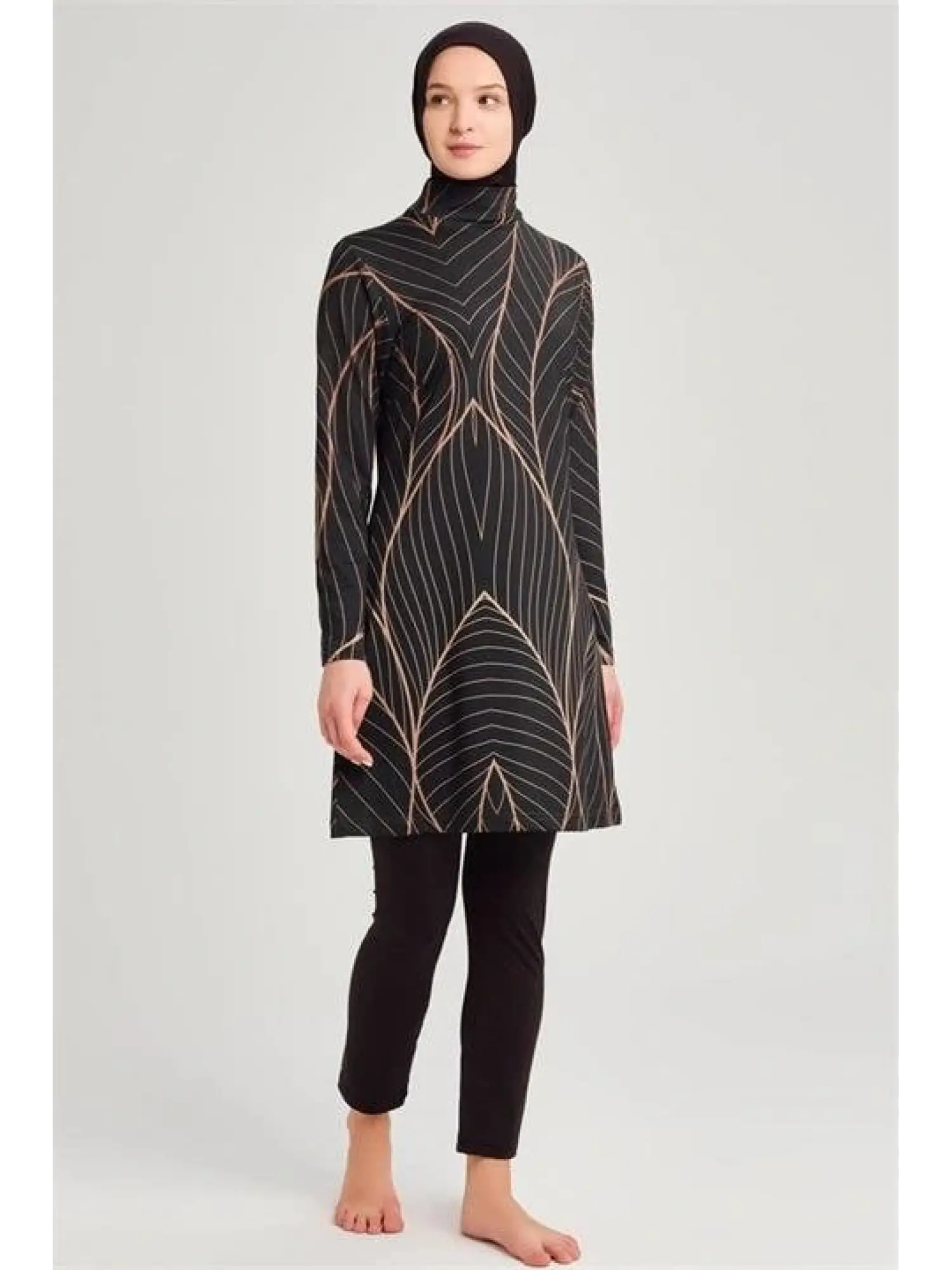 Haşema Bakır Çizgili Likralı Yeşil 3 Parça Tesettür Mayo Takımı NHR2254