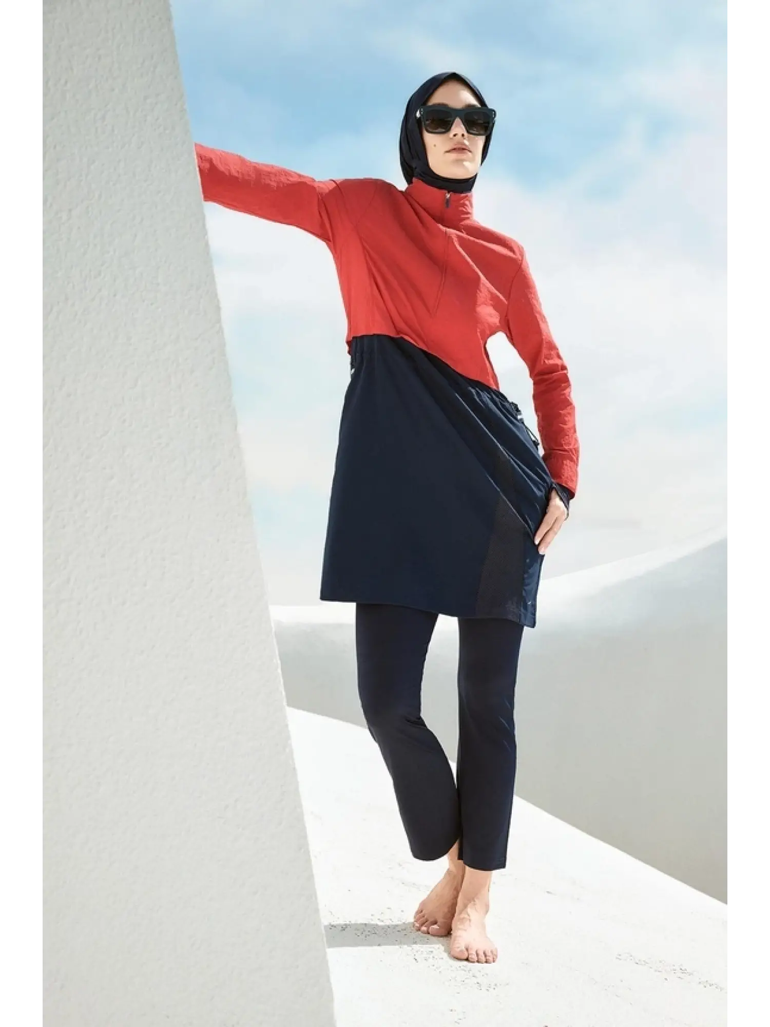 Haşema Crinkle Kumaş Kırmızı-Lacivert 5 Parça Tesettür Mayo Takımı HSM5021
