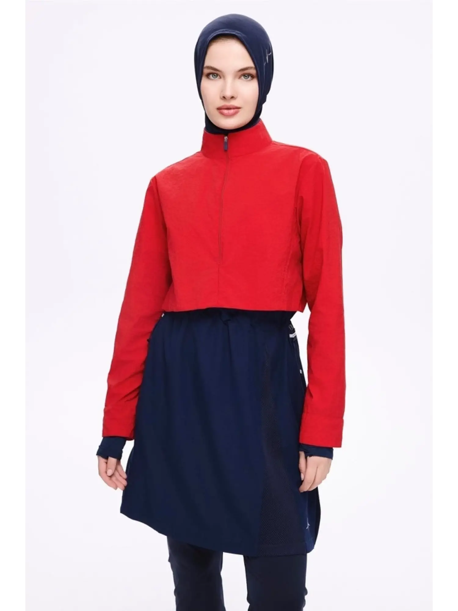 Haşema Crinkle Kumaş Kırmızı-Lacivert 5 Parça Tesettür Mayo Takımı HSM5021