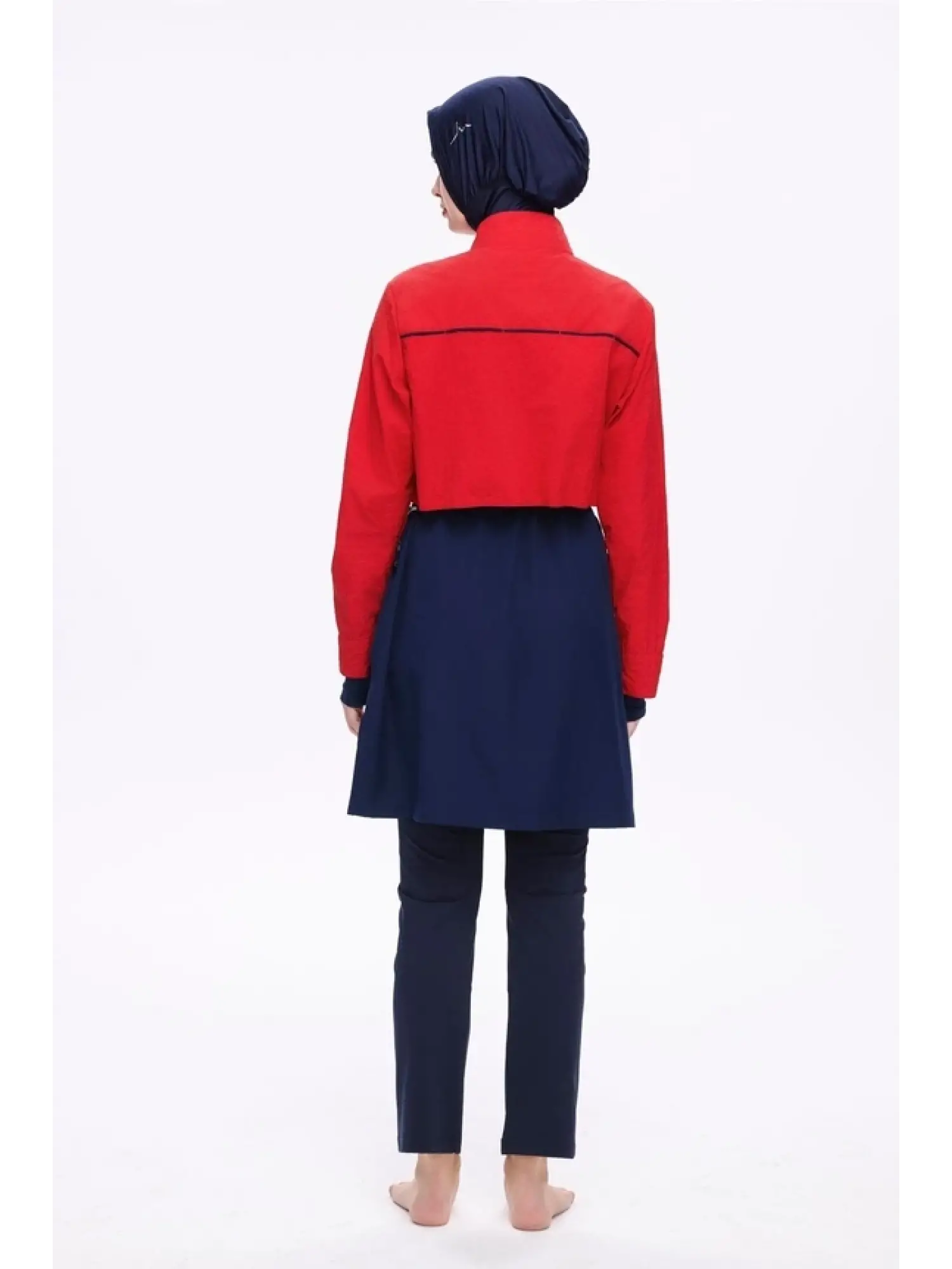 Haşema Crinkle Kumaş Kırmızı-Lacivert 5 Parça Tesettür Mayo Takımı HSM5021