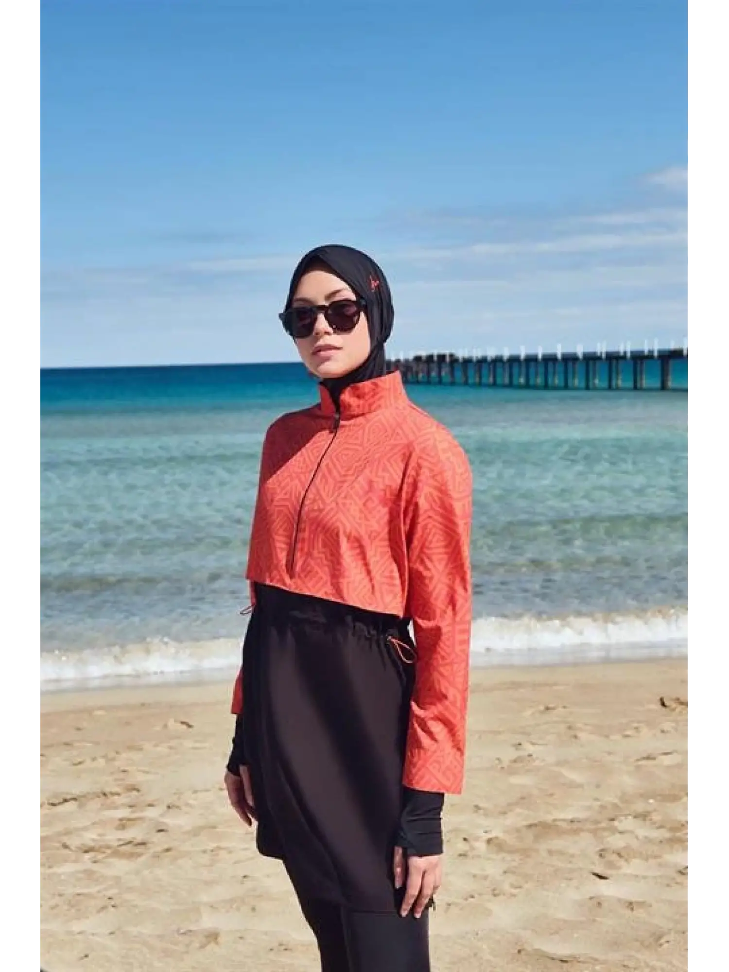 Haşema Esila Serisi 5 Parça Jileli Turuncu-Siyah Tam Tesettür Mayo Takımı HSM2934