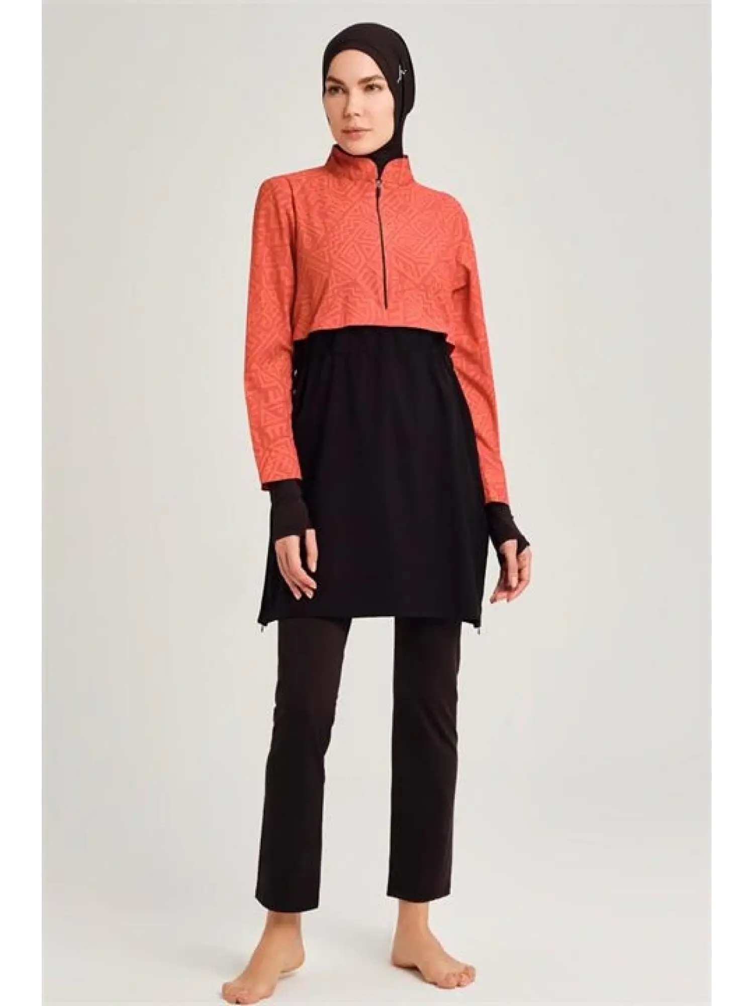 Haşema Esila Serisi 5 Parça Jileli Turuncu-Siyah Tam Tesettür Mayo Takımı HSM2934