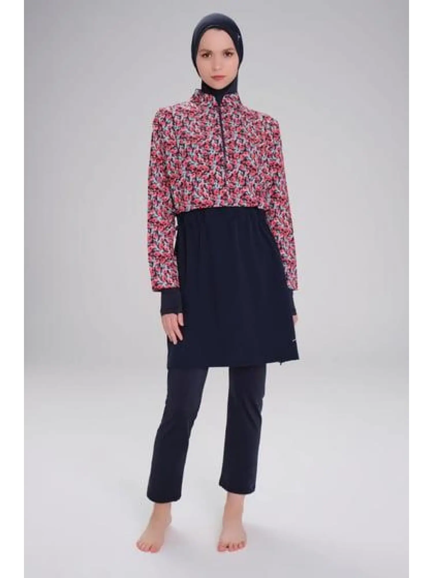 Haşema Esila Serisi Çiçek Desenli Kırmızı-Laci Tam Tesettür Tek Mayo Üstü HSM2934