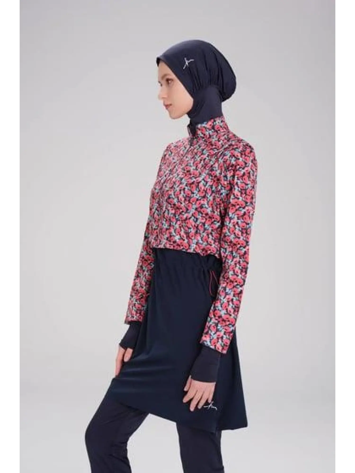 Haşema Esila Serisi Çiçek Desenli Kırmızı-Laci Tam Tesettür Tek Mayo Üstü HSM2934