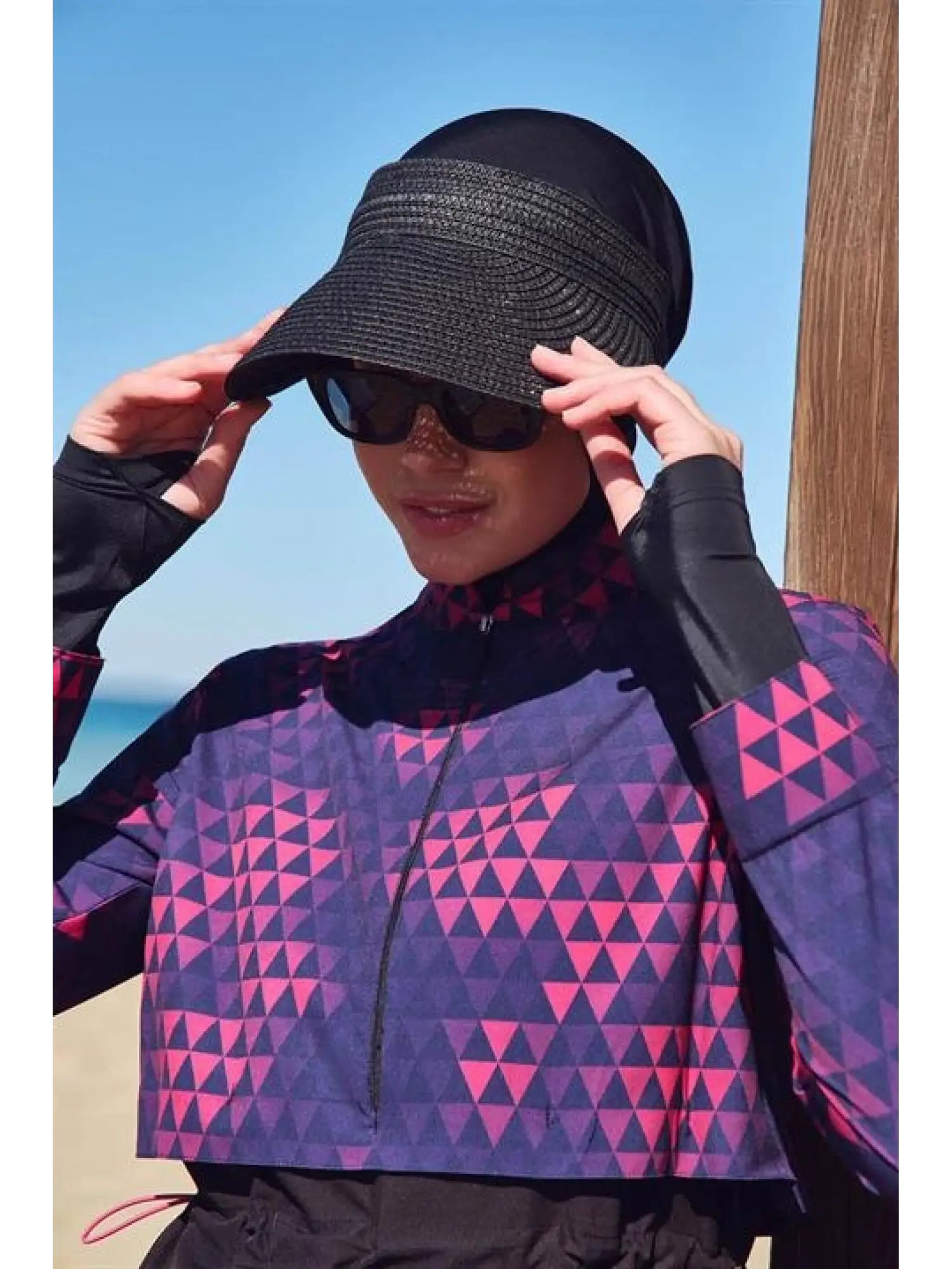 Haşema Esila Serisi Siyah-Fuşta Tam Tesettür Tek Mayo Üstü HSM2934