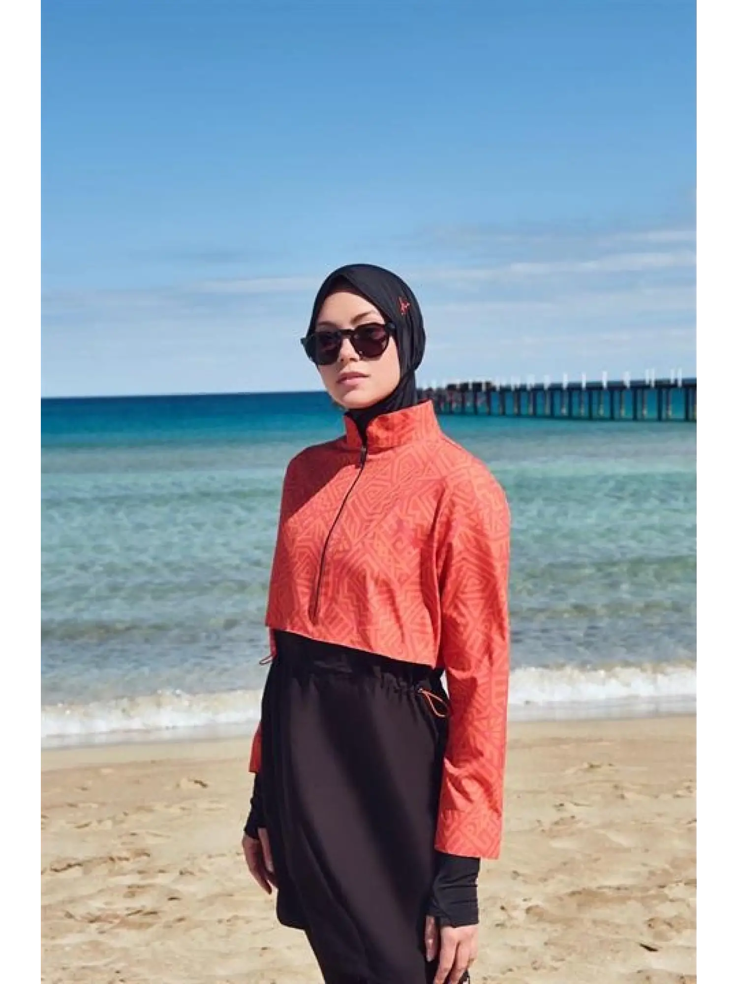 Haşema Esila Serisi Turuncu-Siyah Tam Tesettür Tek Mayo Üstü HSM2934