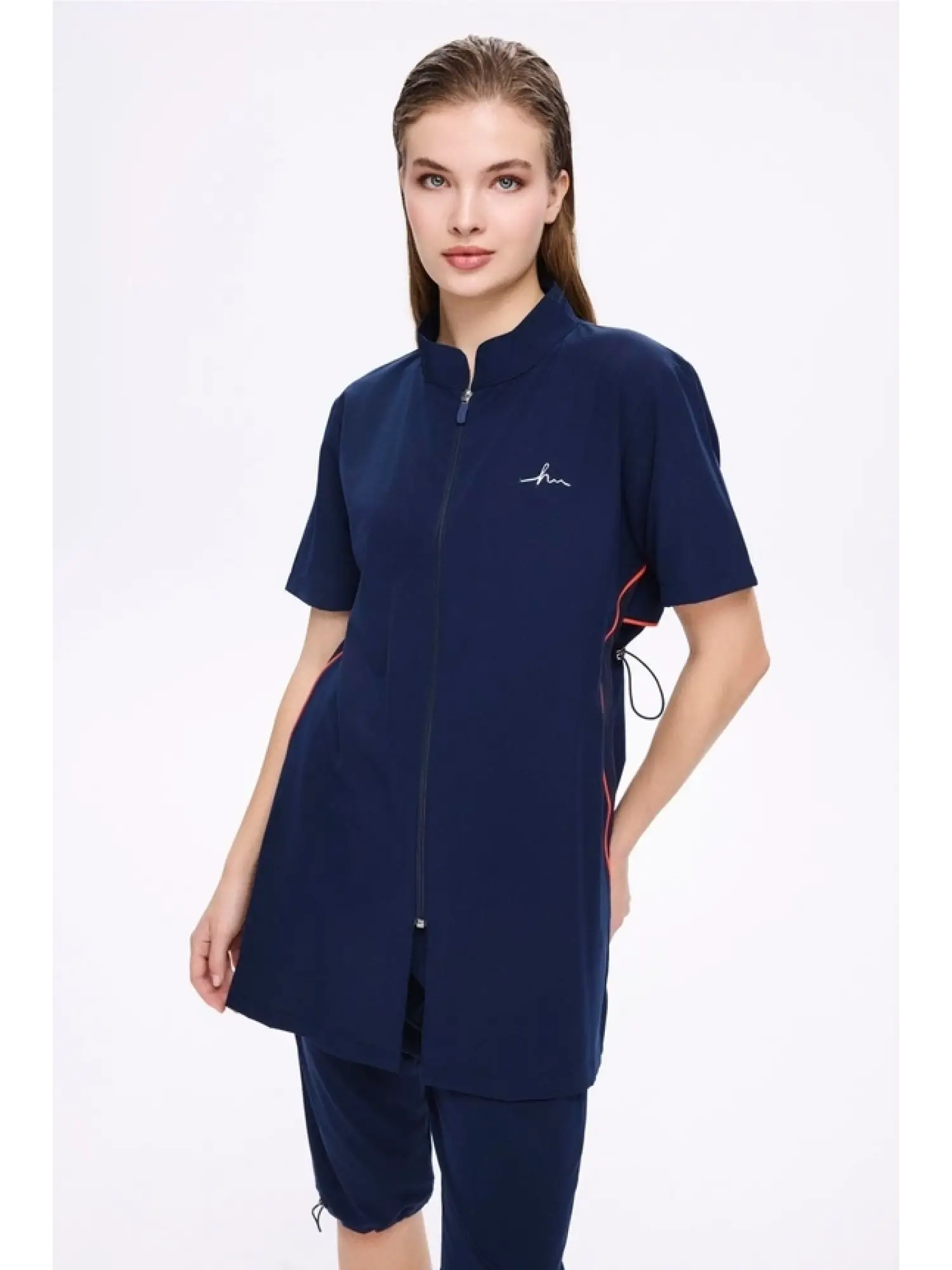 Haşema Fermuarlı Lacivert Esnek Dokuma 5 Parça Yarı Kapalı Mayo Takımı HSM5011