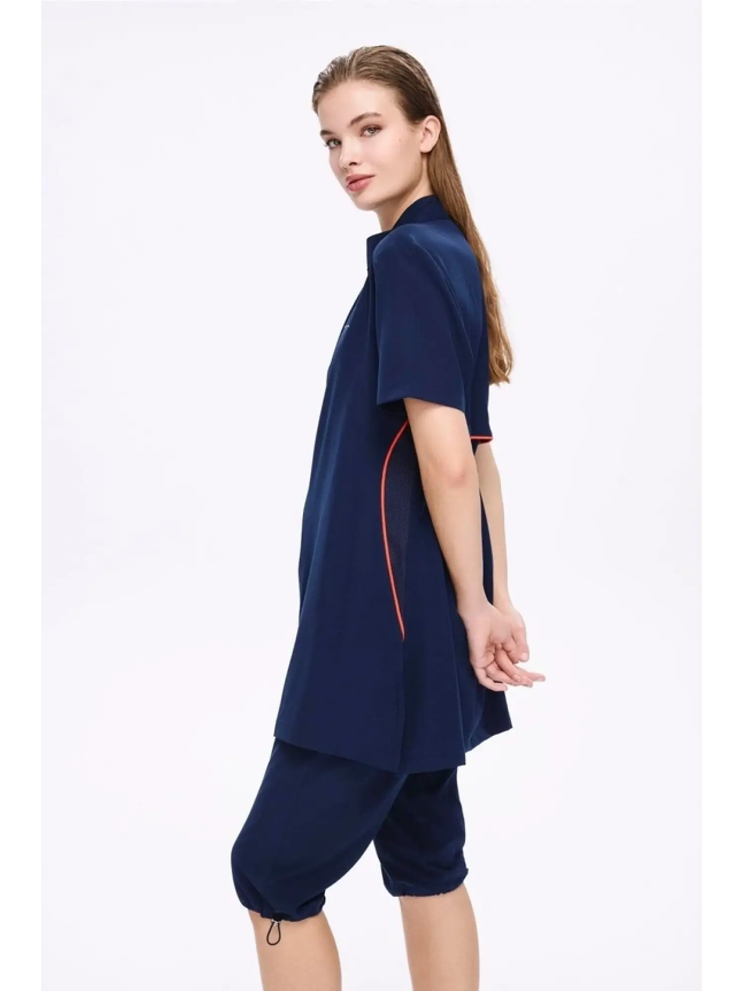 Haşema Fermuarlı Lacivert Esnek Dokuma 5 Parça Yarı Kapalı Mayo Takımı HSM5011