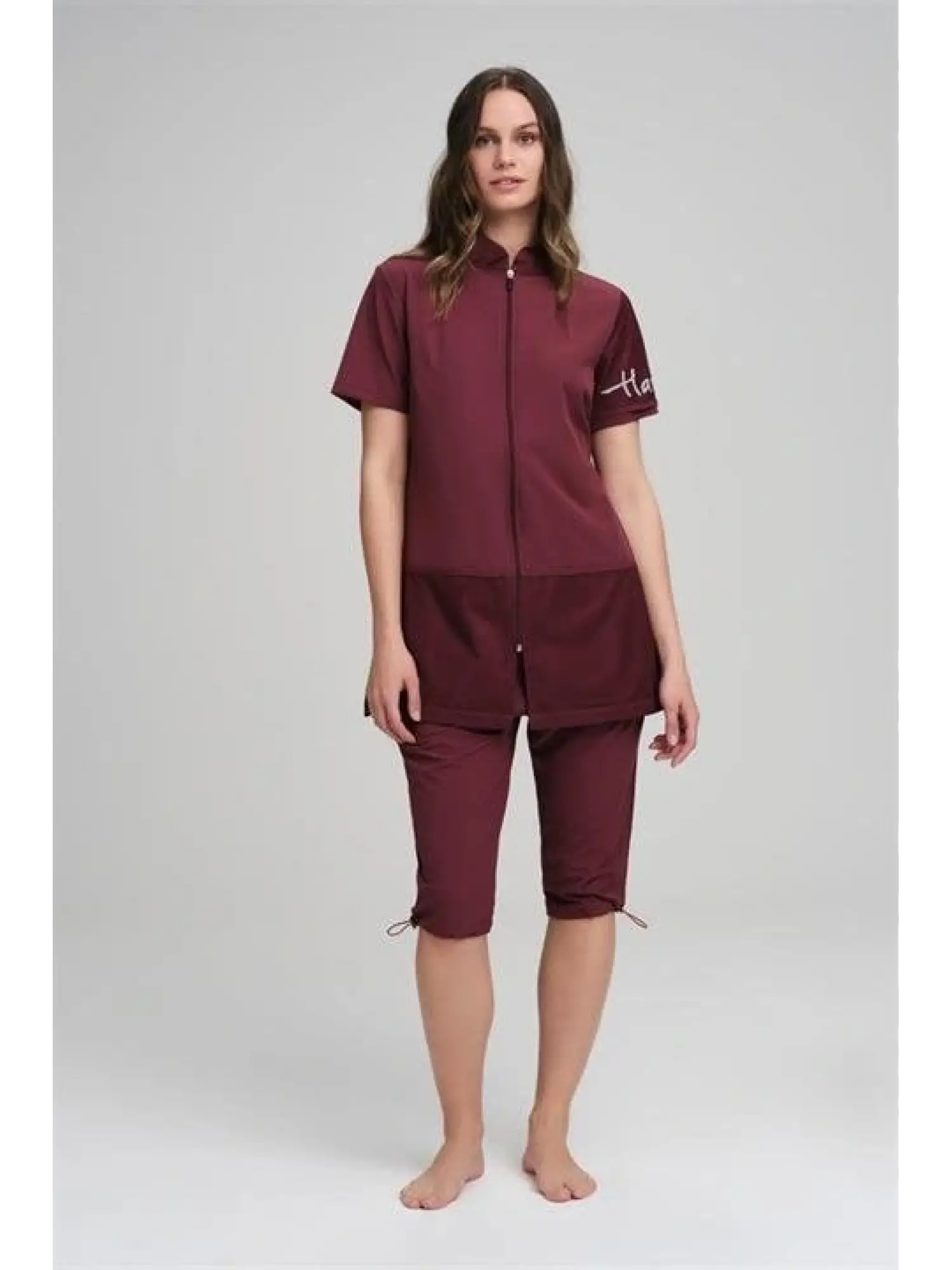 Haşema File Cep Detaylı Kısa Kol Fermuarlı Mürdüm Havuz Mayo Takımı H2843