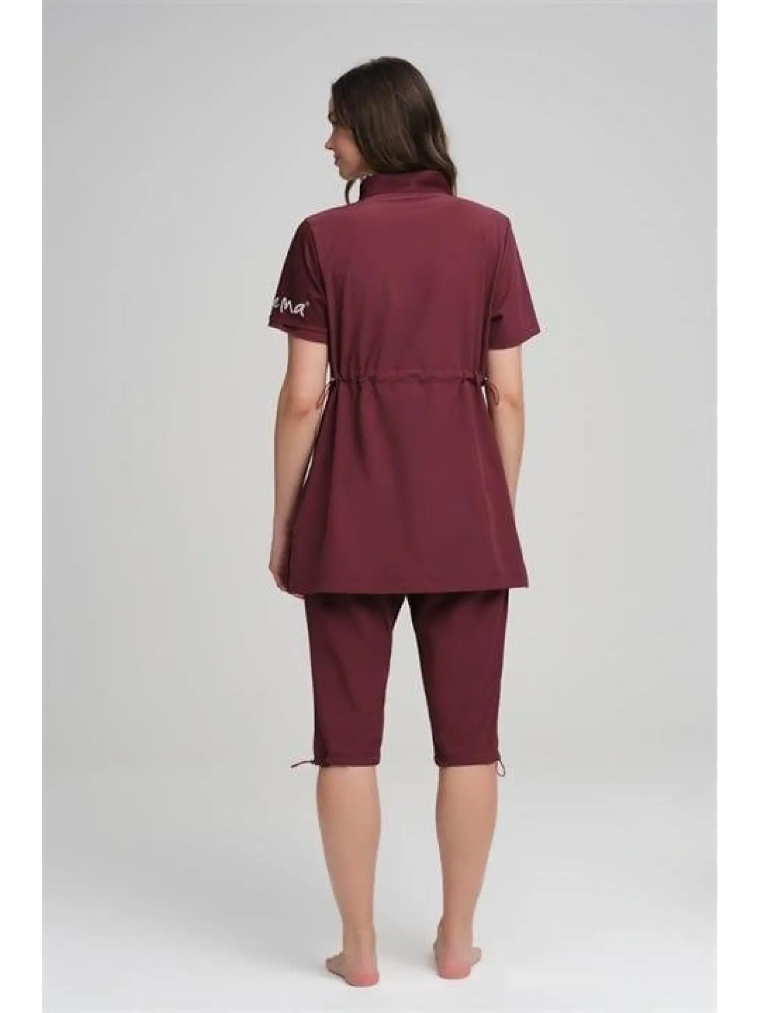 Haşema File Cep Detaylı Kısa Kol Fermuarlı Mürdüm Havuz Mayo Takımı H2843