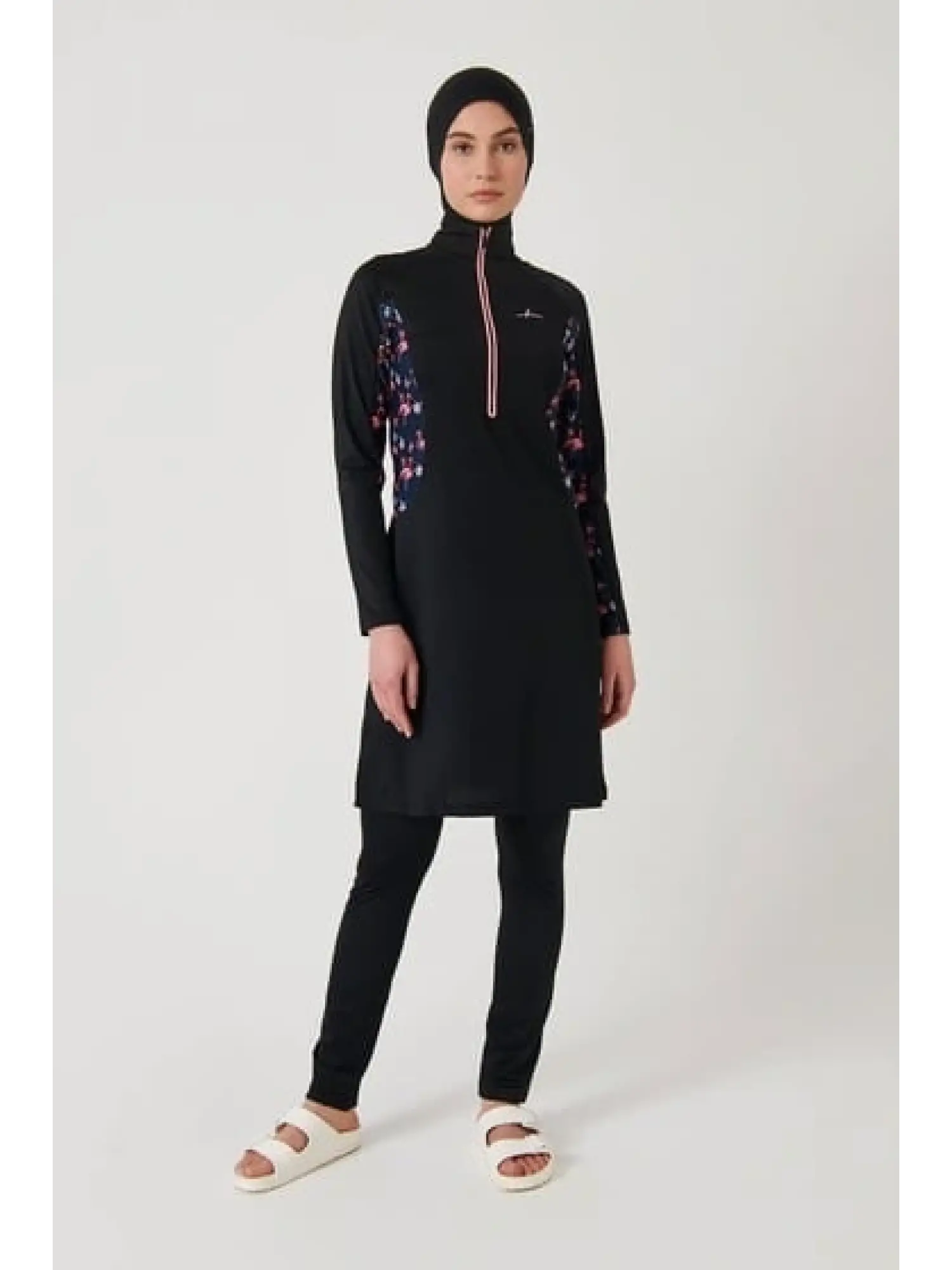 Haşema Flamingo Serisi Likralı 4 Parça Siyah-Pembe Tesettür Mayo HSM2920