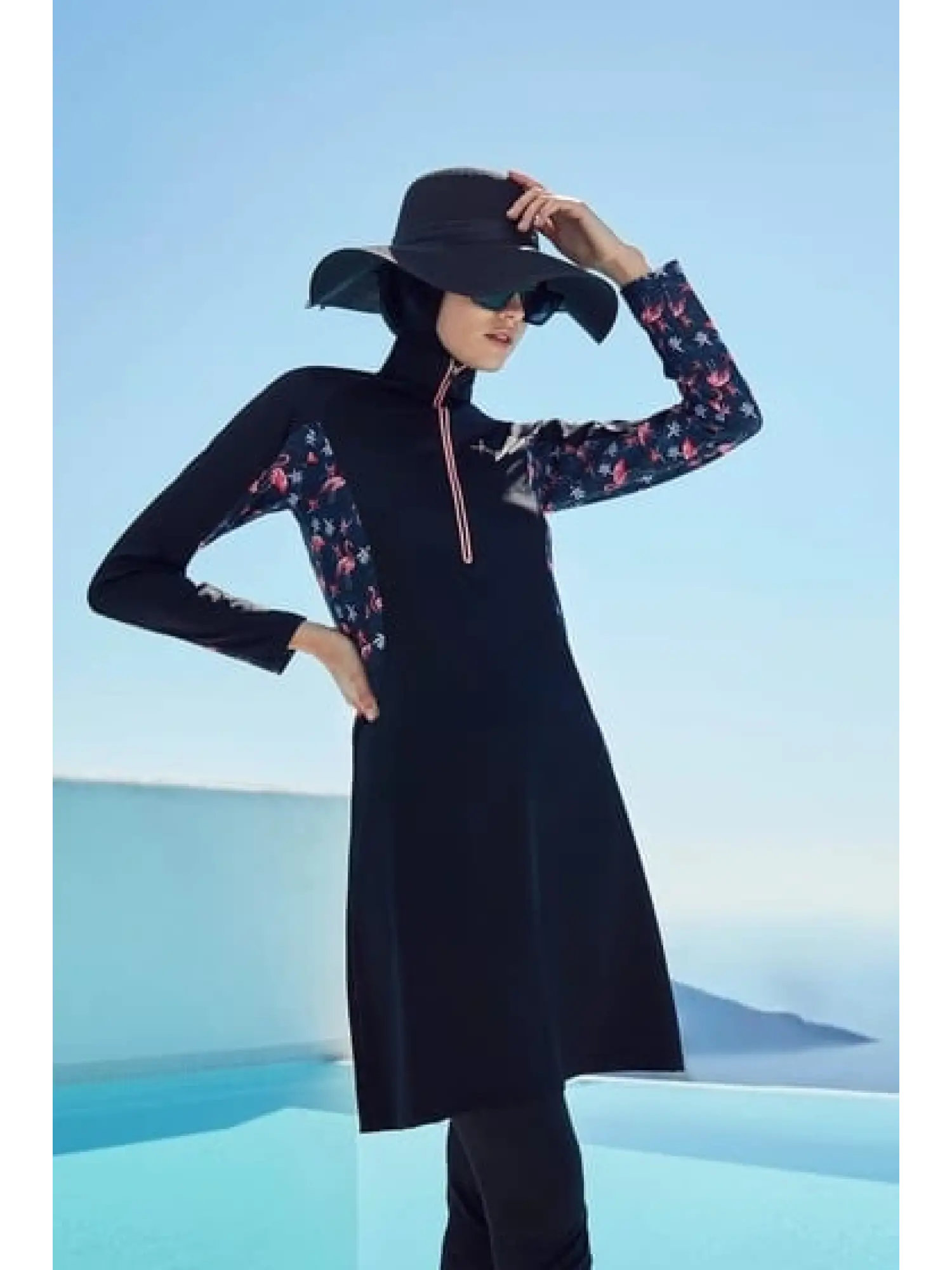 Haşema Flamingo Serisi Likralı 4 Parça Siyah-Pembe Tesettür Mayo HSM2920