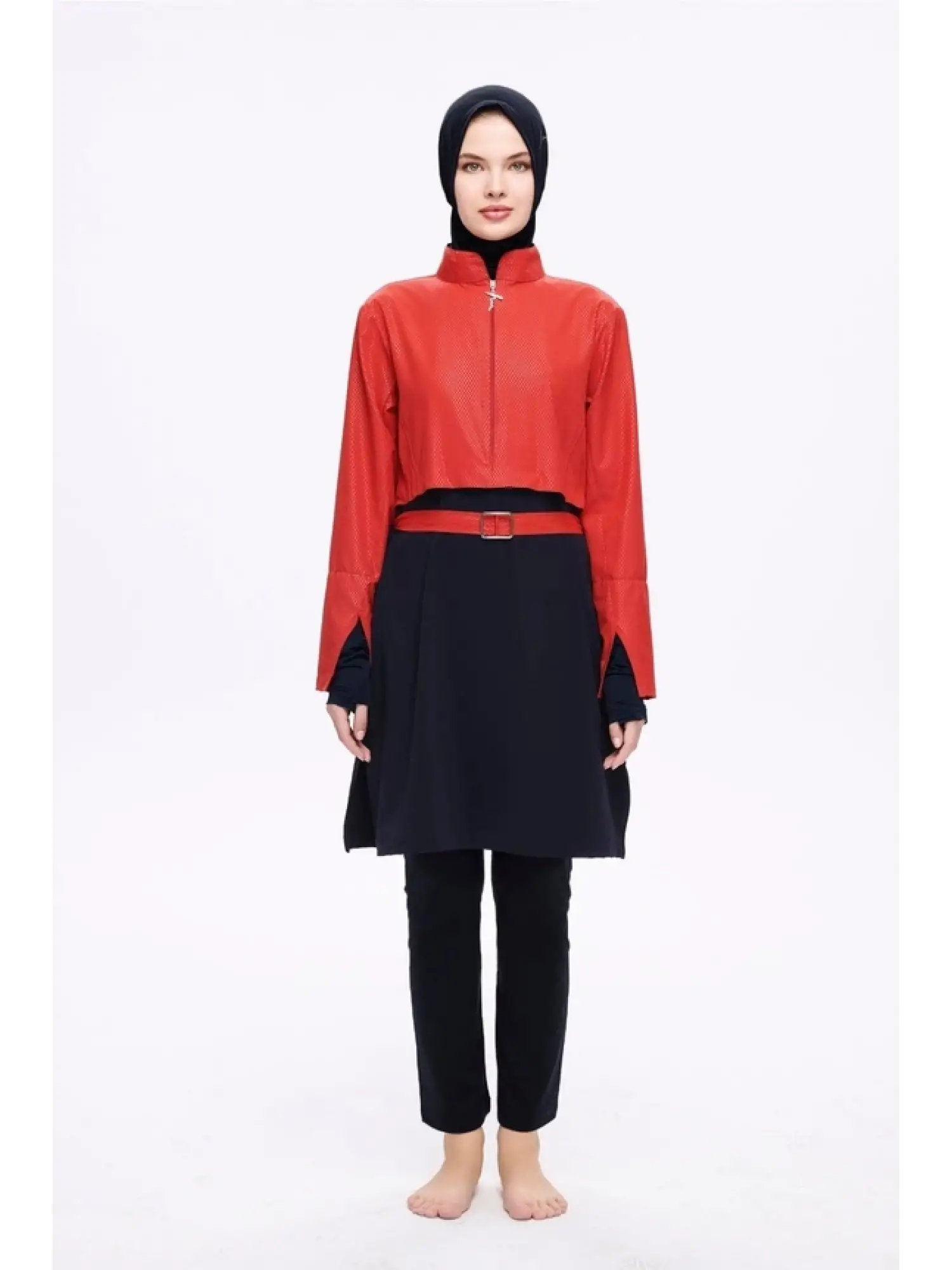 Haşema Kemer Toka Detaylı 5 Parça Kırmızı-Siyah Mayo Takımı HSM5052