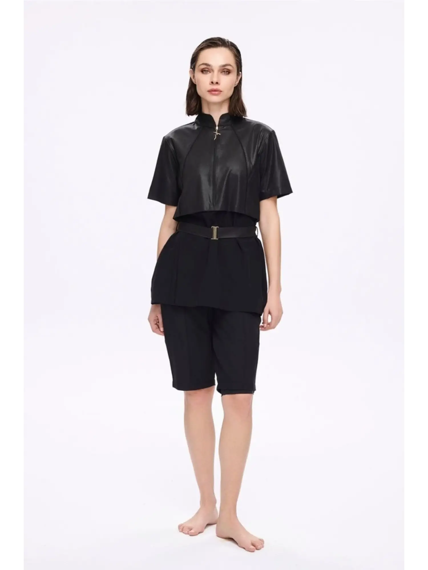 Haşema Kemer Toka Detaylı Dokulu 5 Parça Yarı Kapalı Siyah Mayo Takımı HSM5039