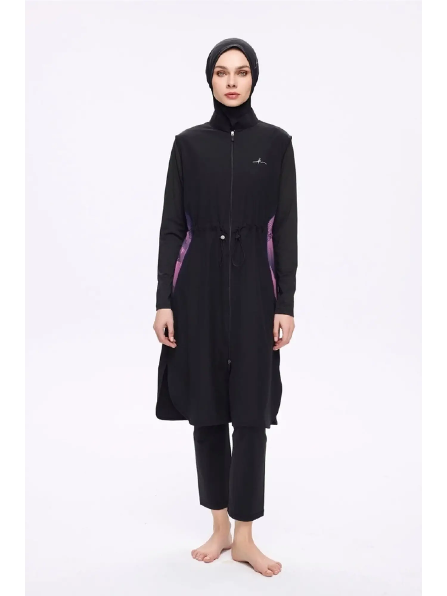 Haşema Kol Altı Ve Sırtı Desenli Siyah 5 Parça Tesettür Mayo Takımı HSM5022
