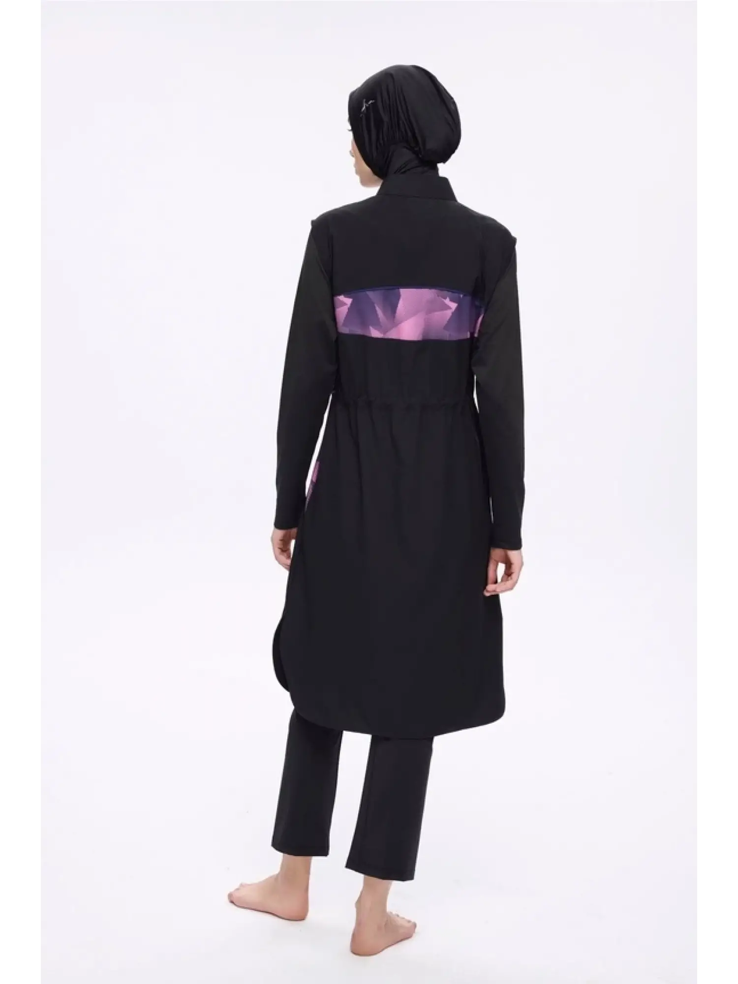 Haşema Kol Altı Ve Sırtı Desenli Siyah 5 Parça Tesettür Mayo Takımı HSM5022