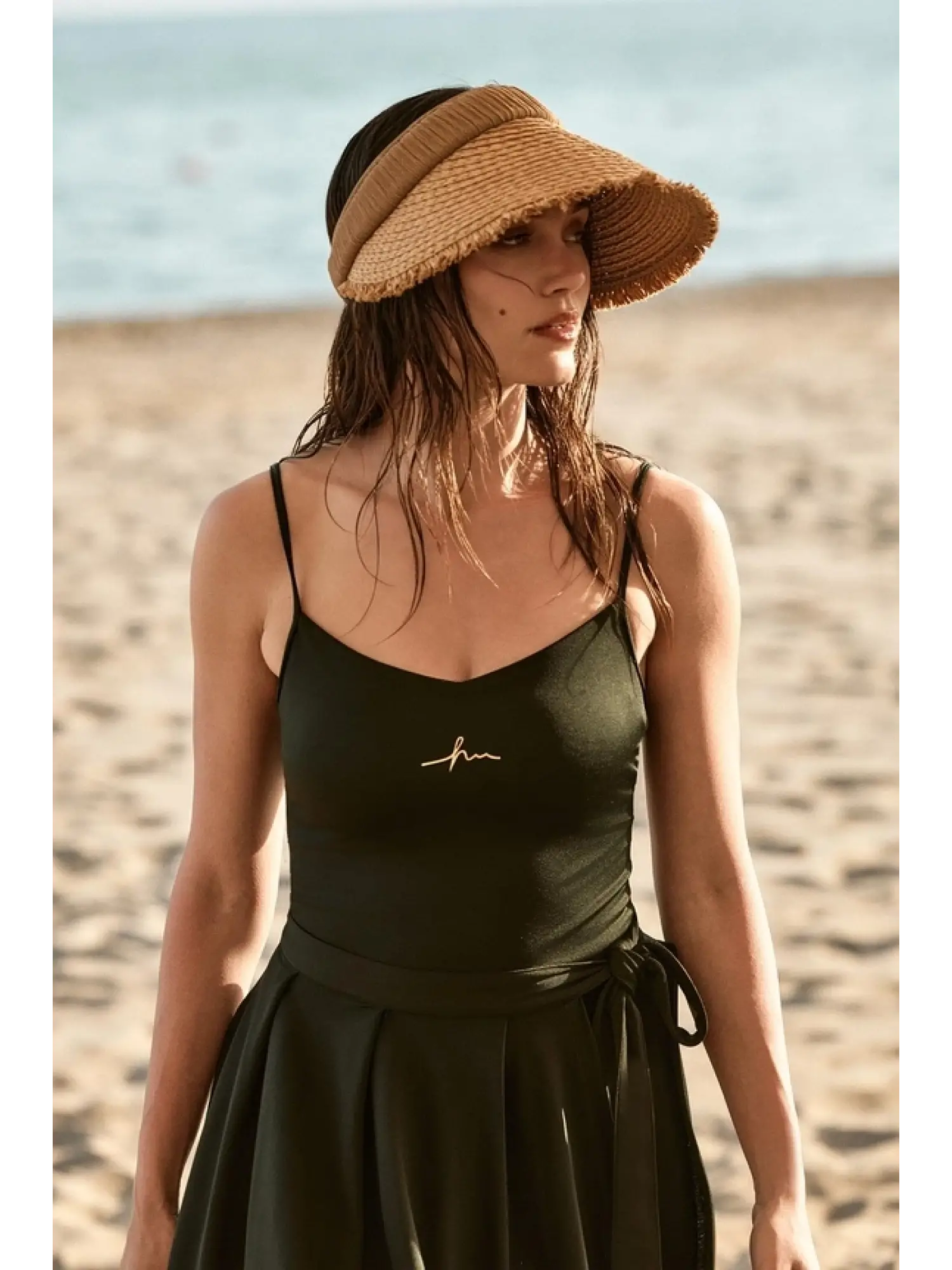 Haşema Parlak Kumaş Terra Yeşil 3 Parça Yarı Kapalı Mayo-Tulum Takımı HSM5053