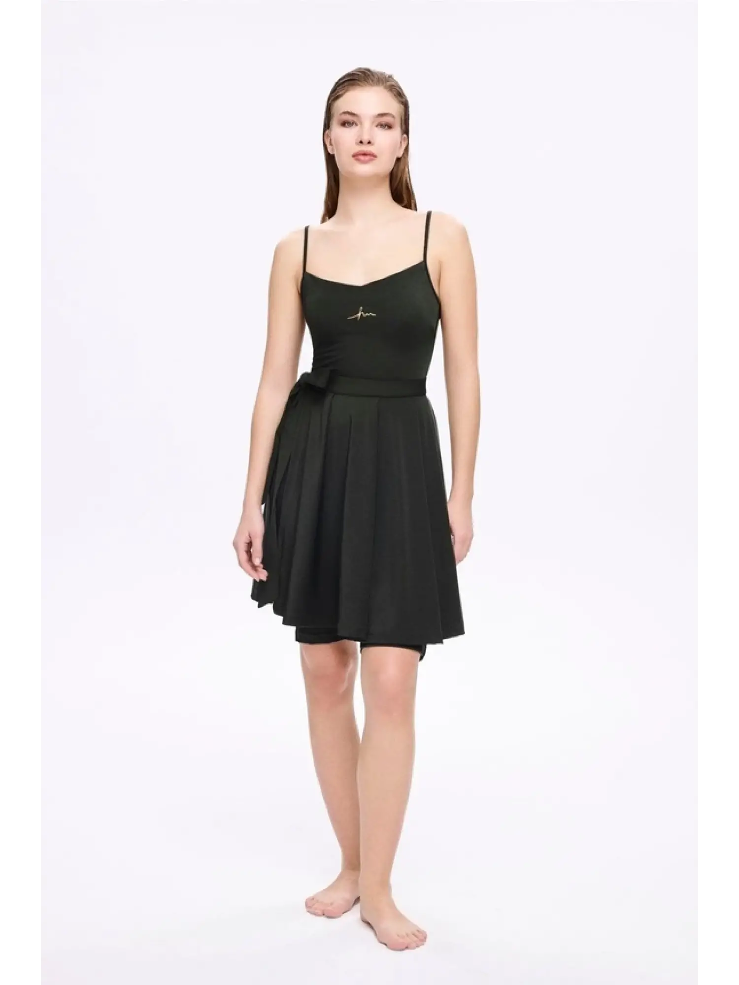 Haşema Parlak Kumaş Terra Yeşil 3 Parça Yarı Kapalı Mayo-Tulum Takımı HSM5053