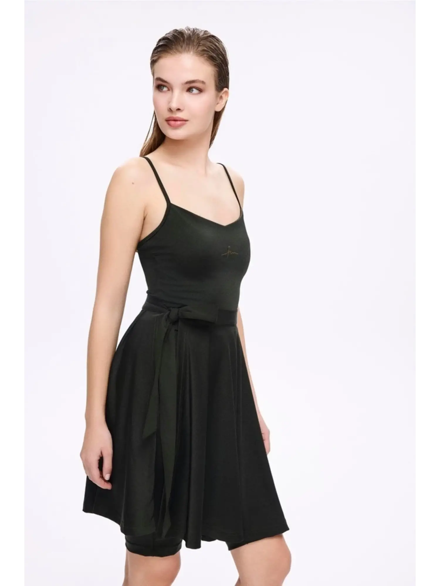 Haşema Parlak Kumaş Terra Yeşil 3 Parça Yarı Kapalı Mayo-Tulum Takımı HSM5053