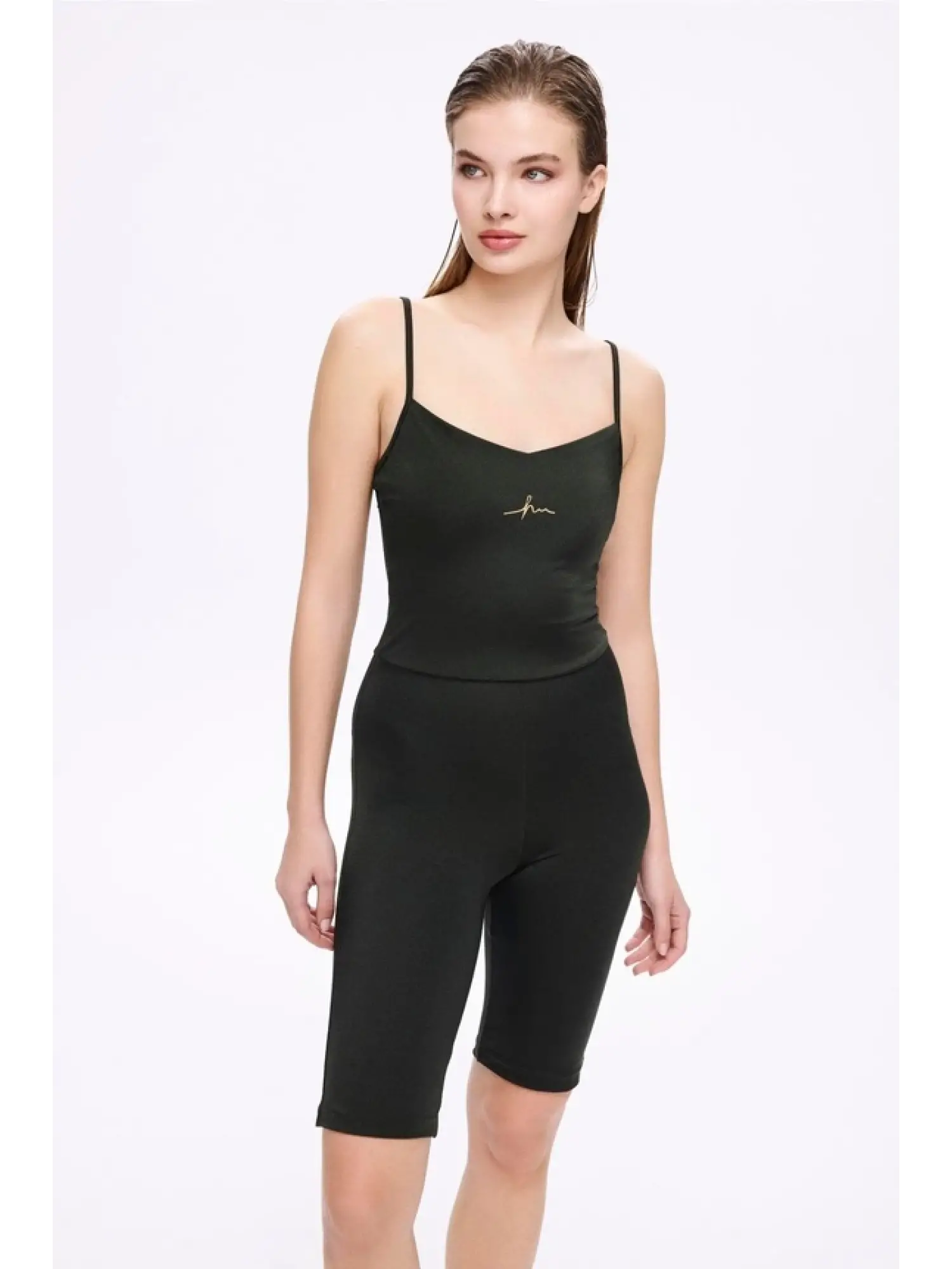 Haşema Parlak Kumaş Terra Yeşil 3 Parça Yarı Kapalı Mayo-Tulum Takımı HSM5053