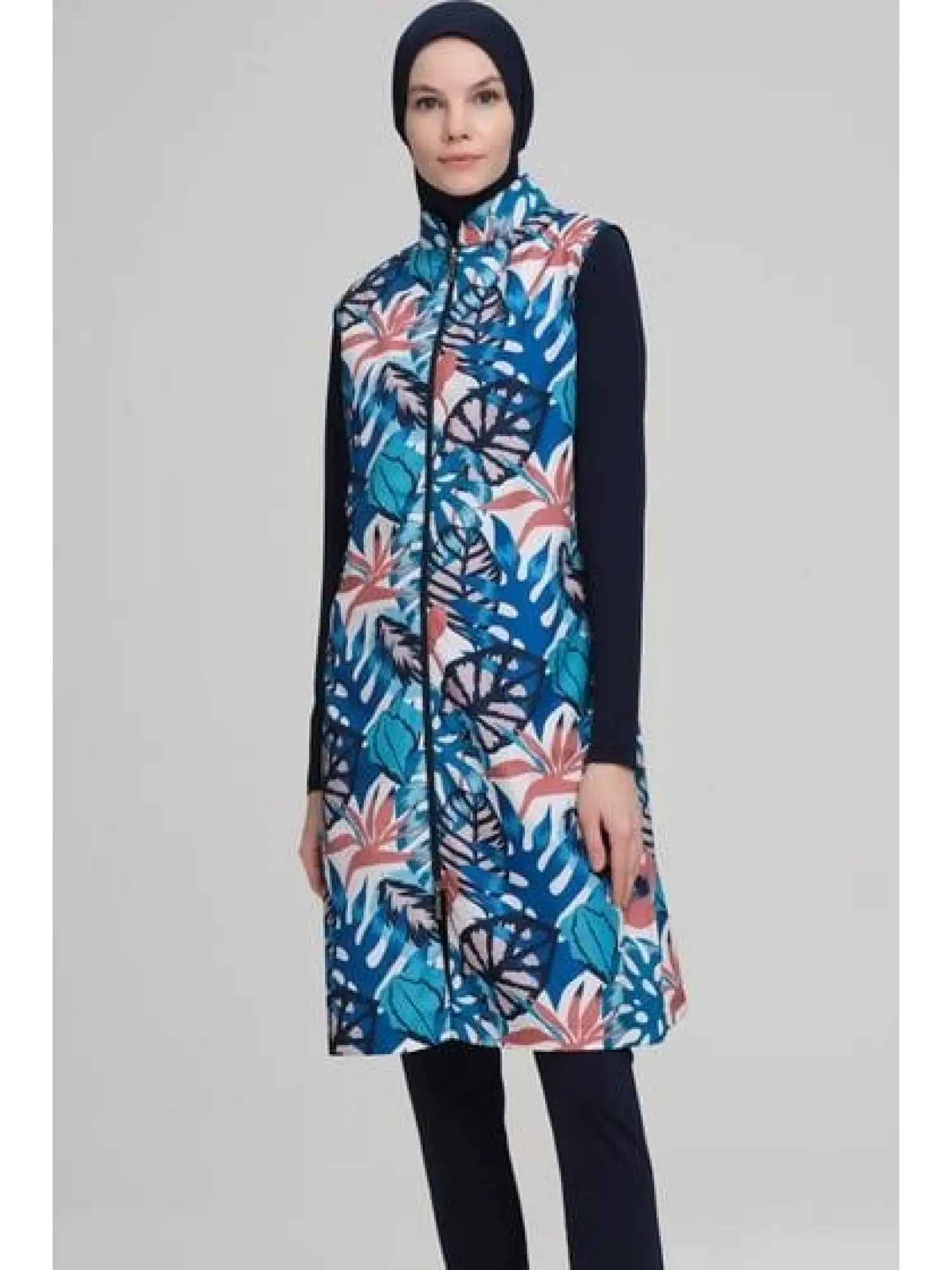 Haşema Renkli Yaprak Desenli Jileli 3 Parça Lacivert Tesettür Mayo Takımı NHR2218