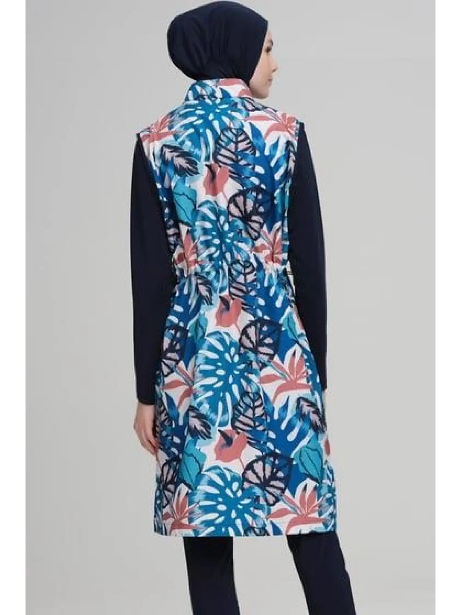 Haşema Renkli Yaprak Desenli Jileli 3 Parça Lacivert Tesettür Mayo Takımı NHR2218