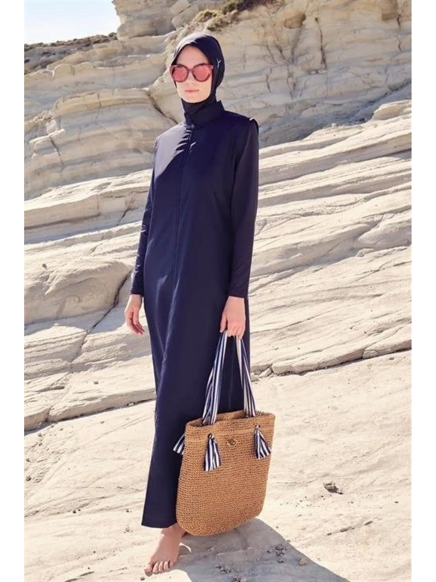 Haşema Tam Boy Jileli Siyah 4 Parça Tesettür Mayo Takımı HSM6021