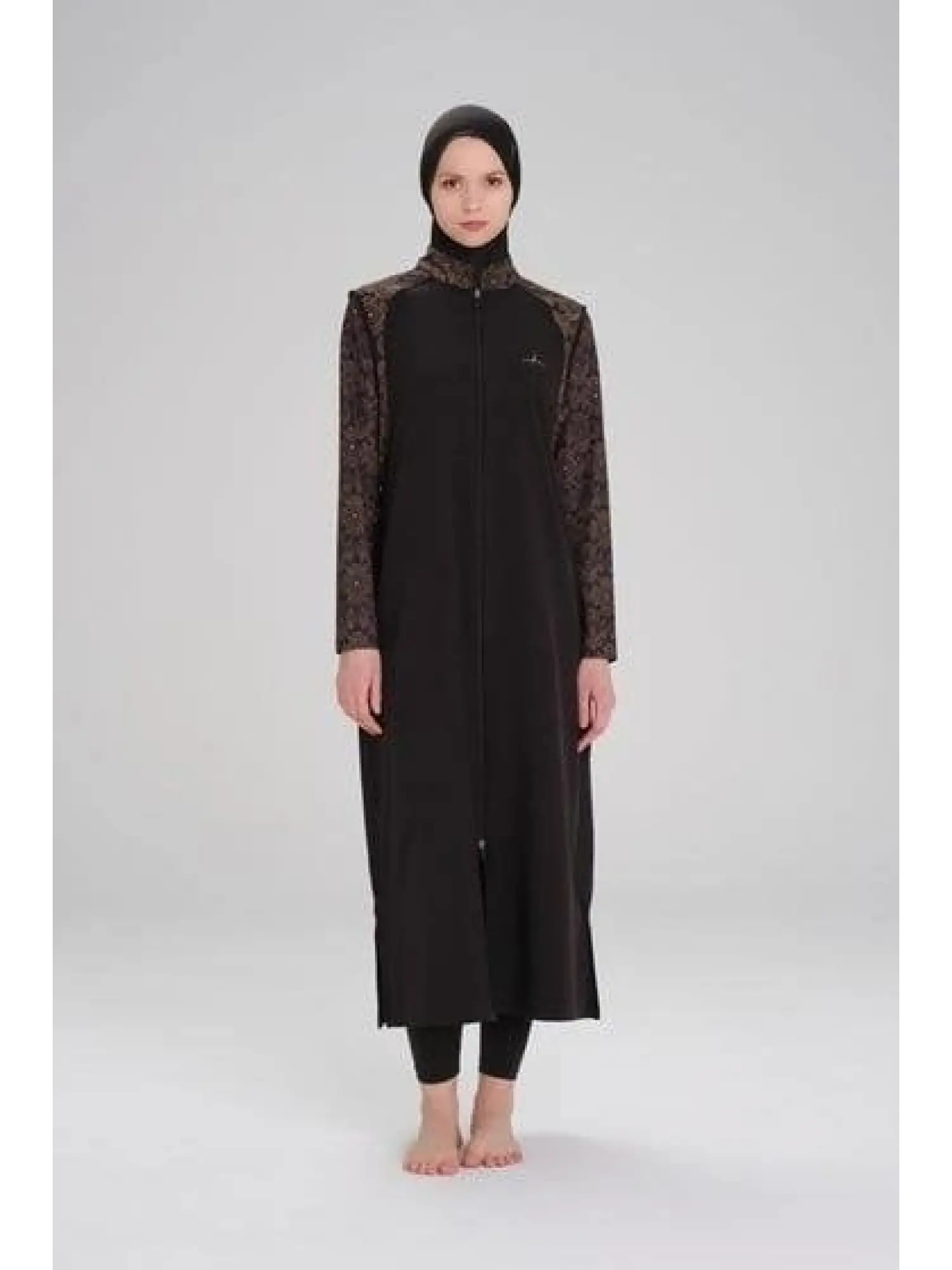 Haşema Tam Boy Kolu Desenli Siyah 5 Parça Tesettür Mayo Takımı HSM4053