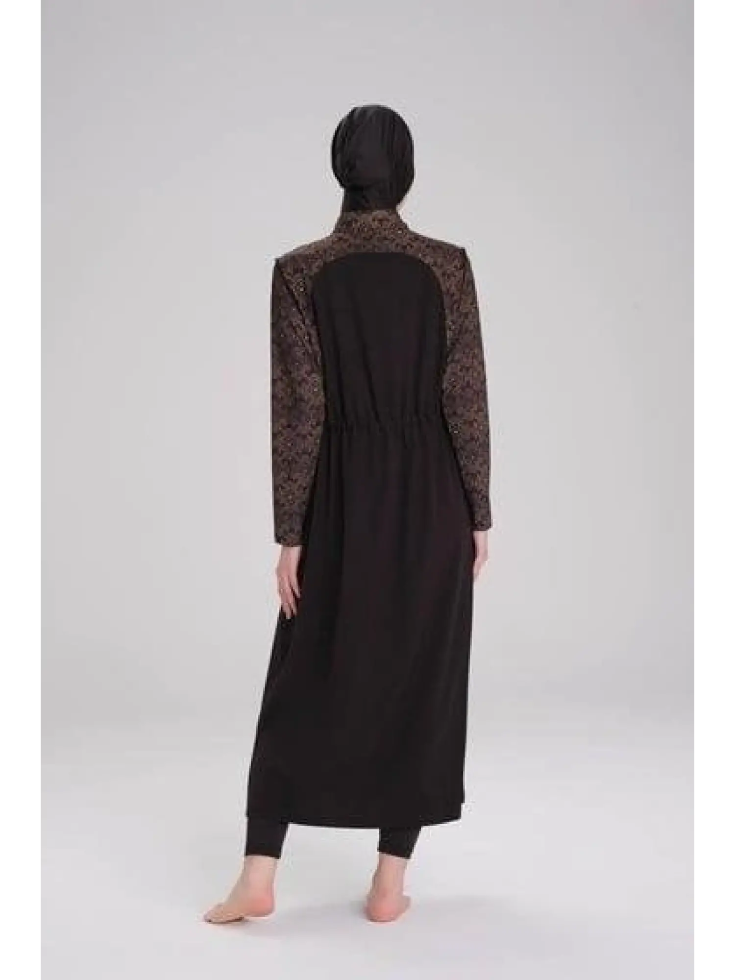 Haşema Tam Boy Kolu Desenli Siyah 5 Parça Tesettür Mayo Takımı HSM4053