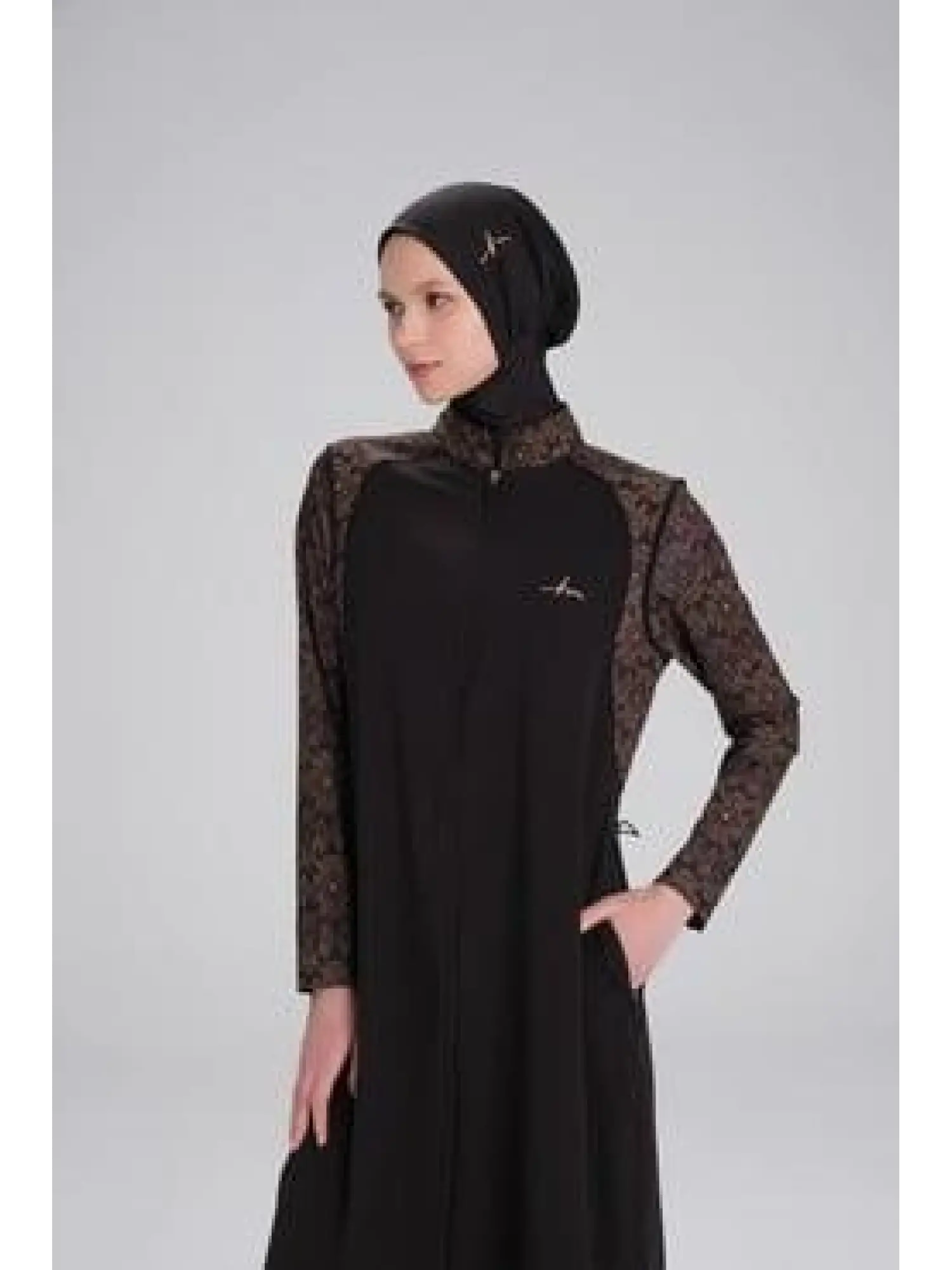 Haşema Tam Boy Kolu Desenli Siyah 5 Parça Tesettür Mayo Takımı HSM4053