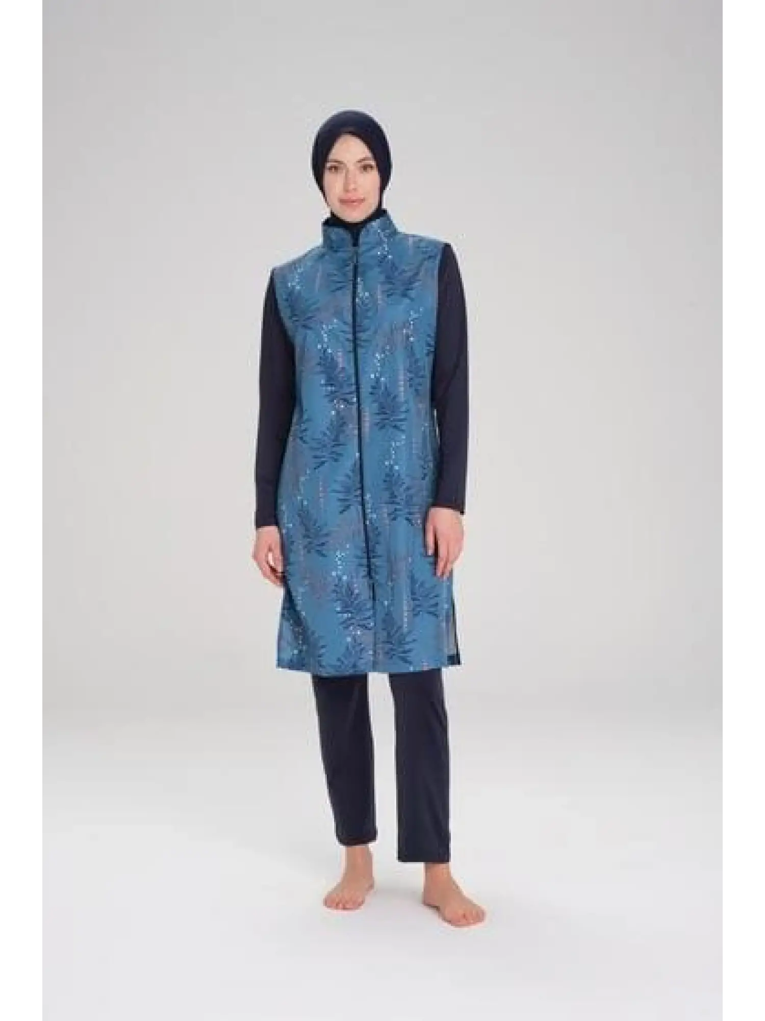 Haşema Yaprak Desenli Petrol 3 Parça Tesettür Mayo Takımı NHR2263