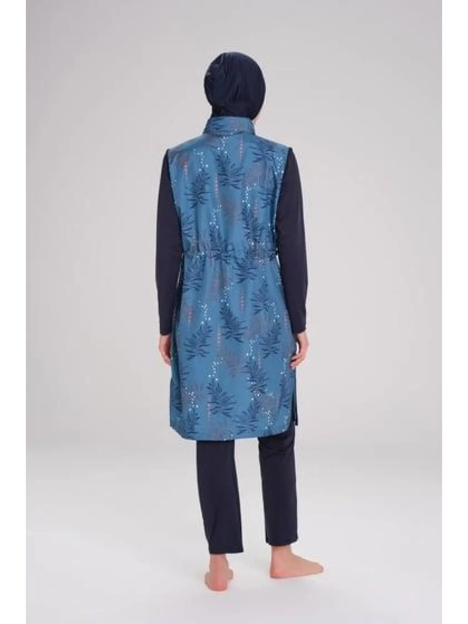 Haşema Yaprak Desenli Petrol 3 Parça Tesettür Mayo Takımı NHR2263