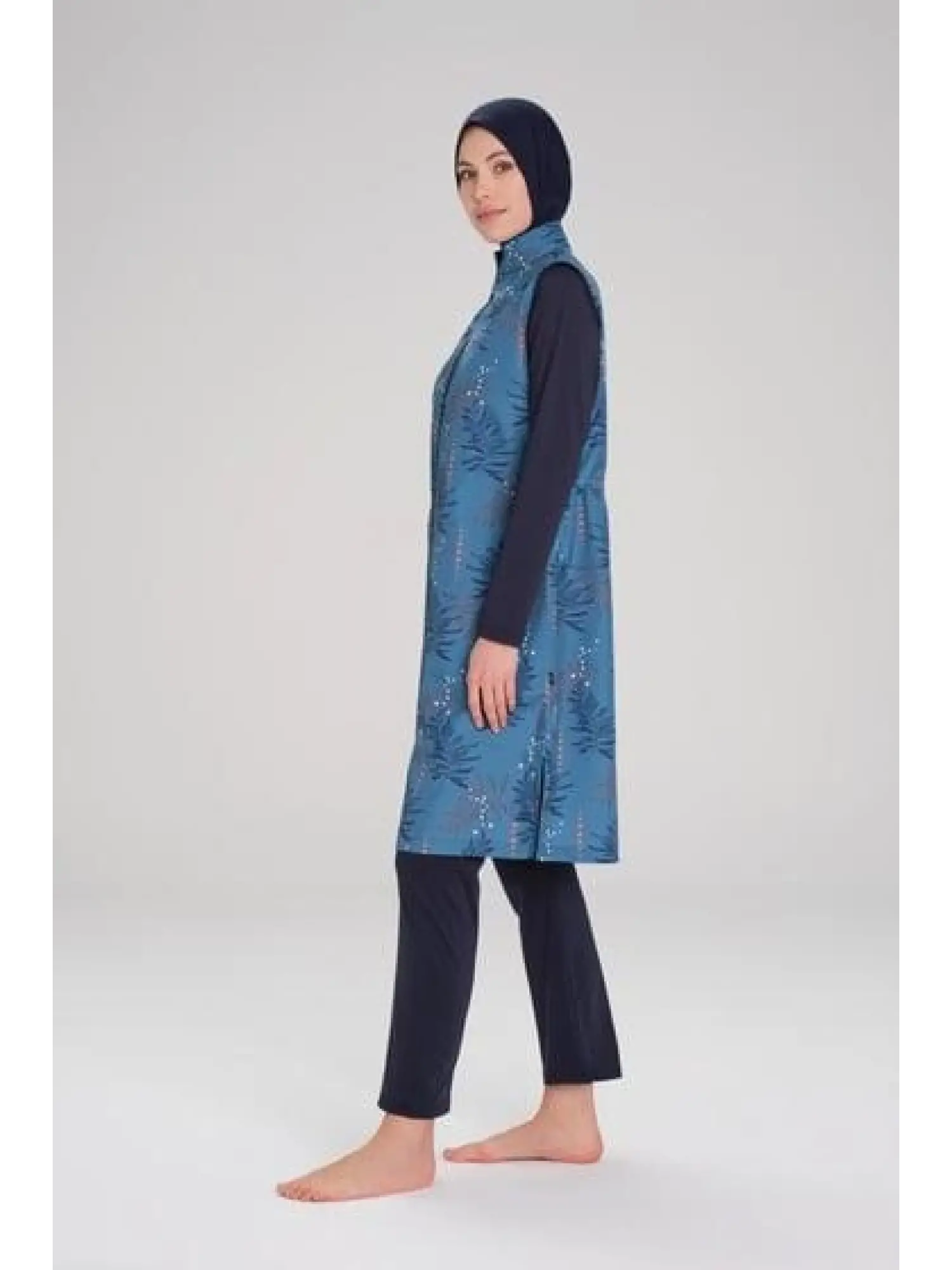 Haşema Yaprak Desenli Petrol 3 Parça Tesettür Mayo Takımı NHR2263