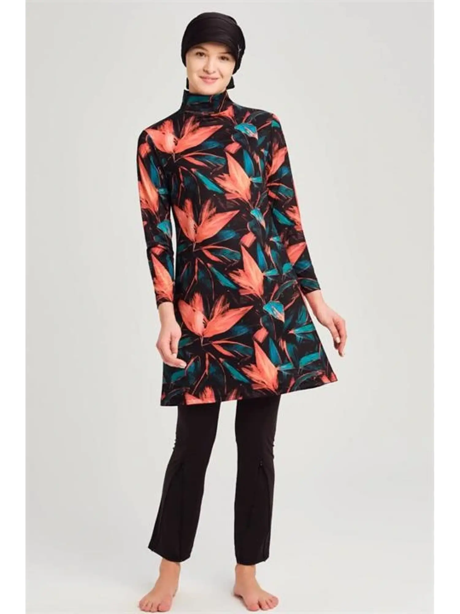 Haşema Yaprak Desenli Turuncu-Siyah 4 Parça Tesettür Mayo HSM2958