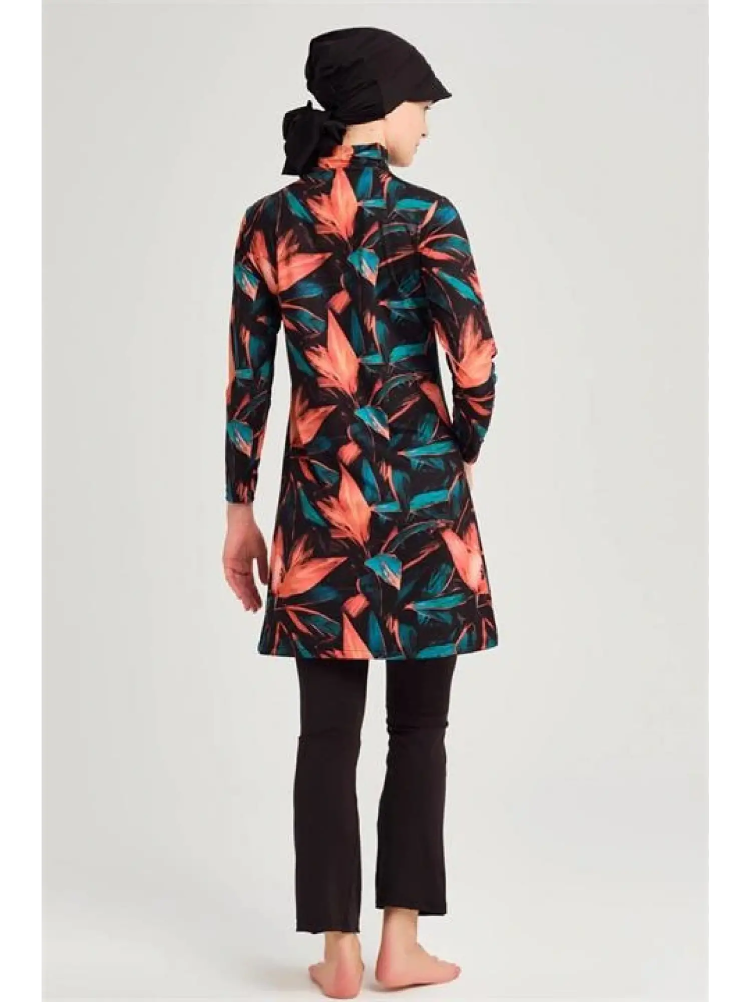 Haşema Yaprak Desenli Turuncu-Siyah 4 Parça Tesettür Mayo HSM2958