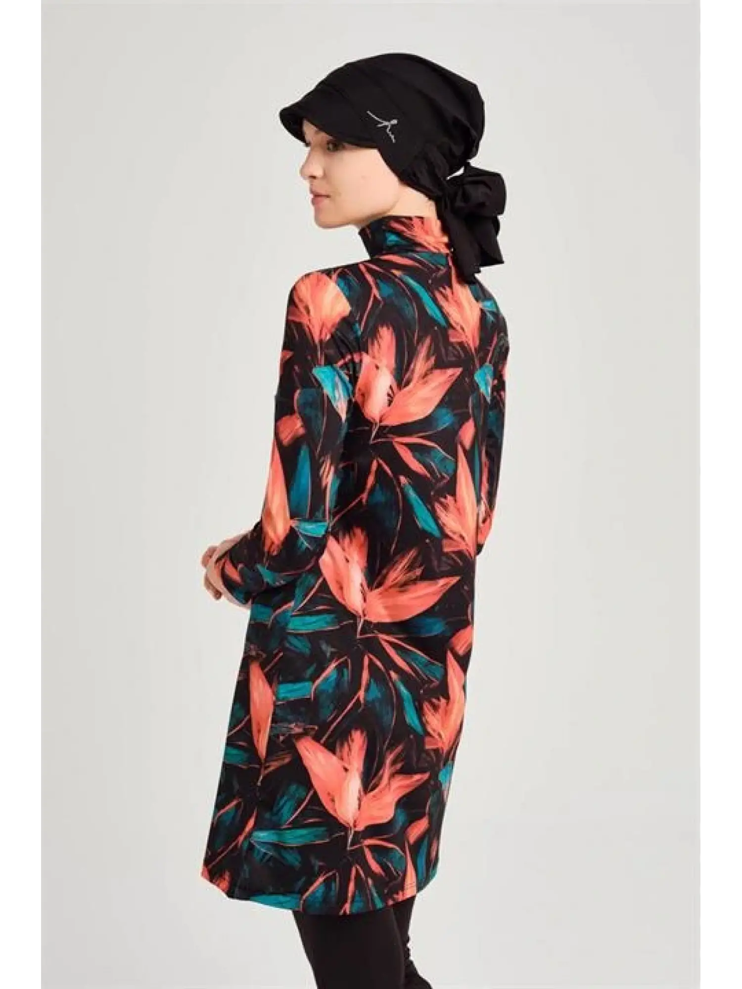 Haşema Yaprak Desenli Turuncu-Siyah 4 Parça Tesettür Mayo HSM2958