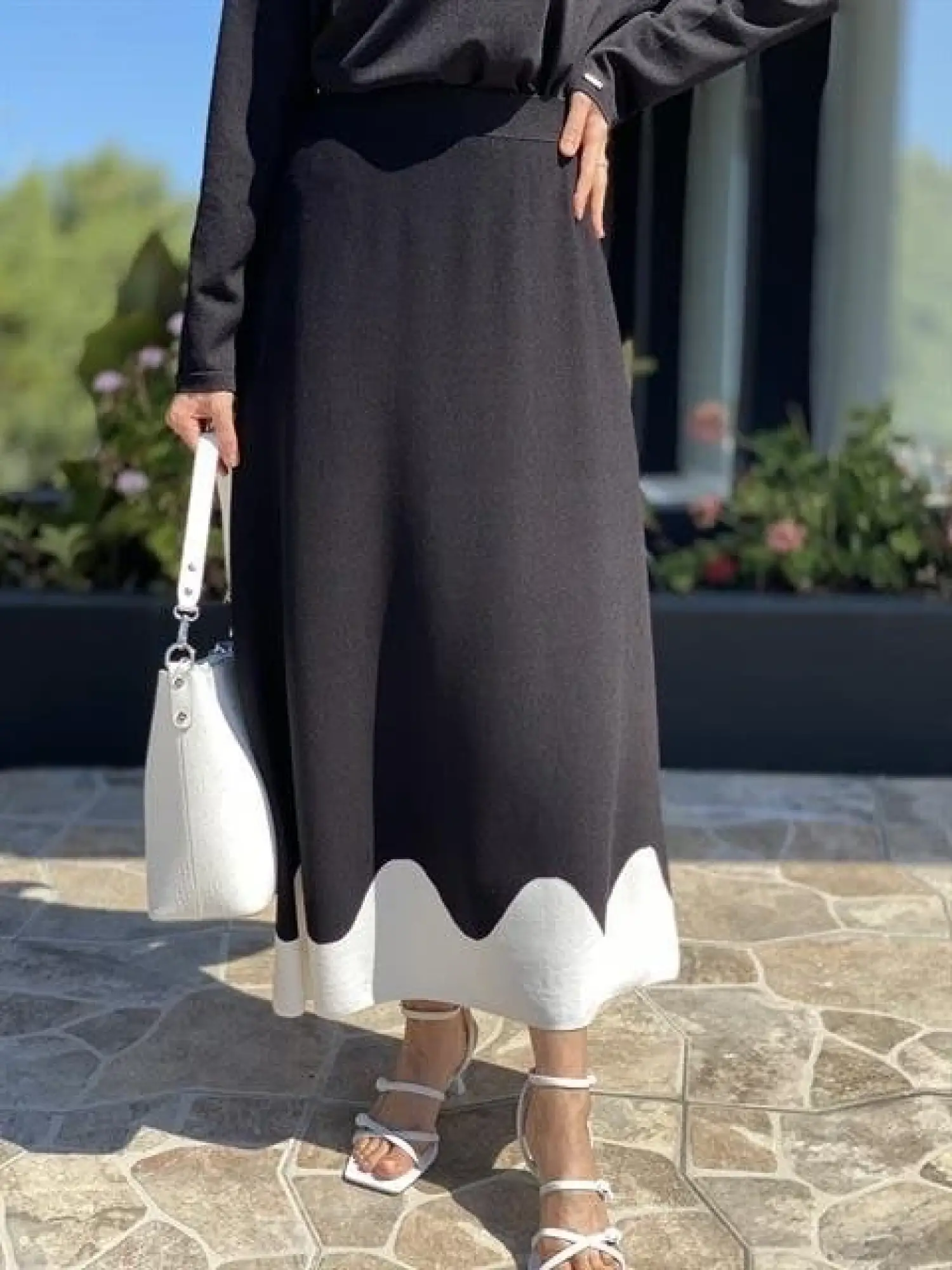 İnvee Etek Ucu Dalga Desenli Rayon Triko Evaze Etek 6905