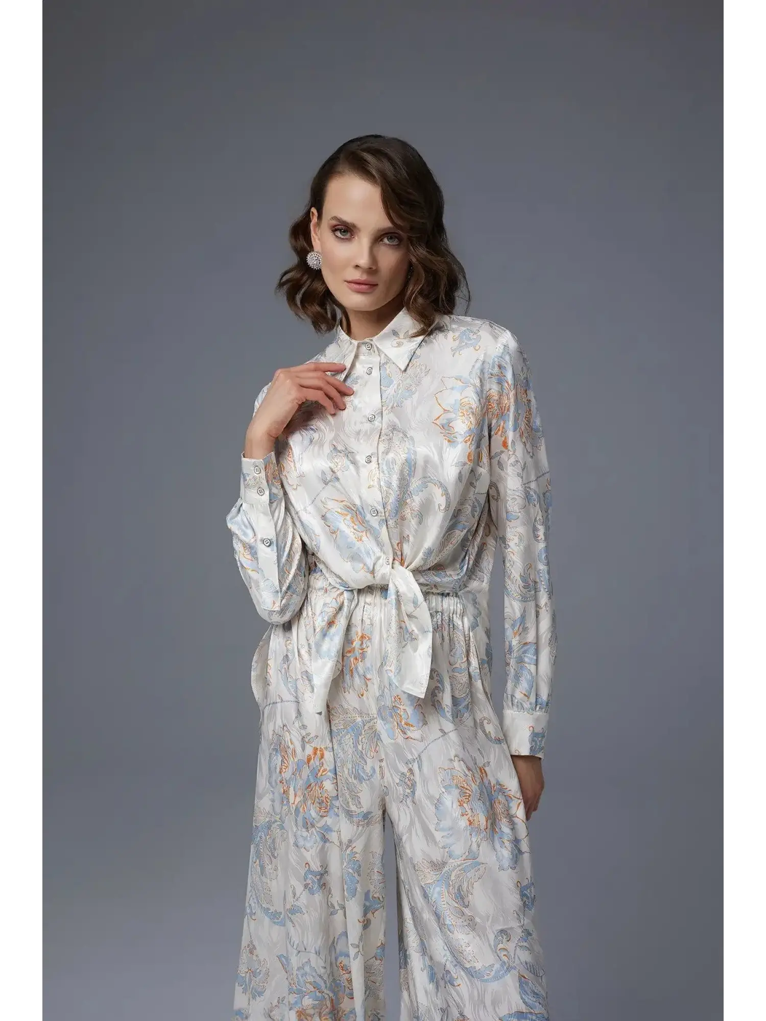 Jamila Sarah Desenli Saten Gömlek Pantolon Takım 9043