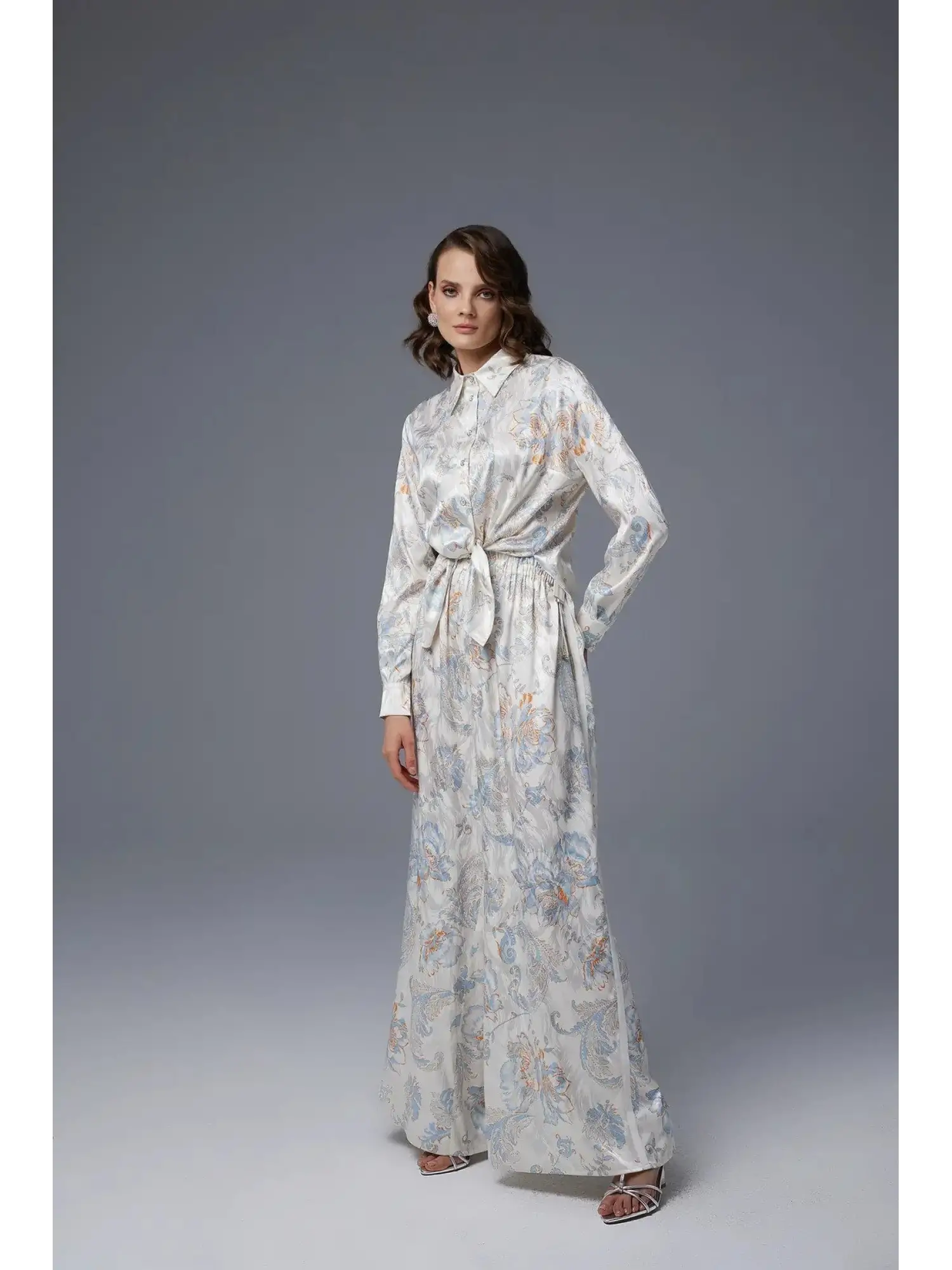 Jamila Sarah Desenli Saten Gömlek Pantolon Takım 9043