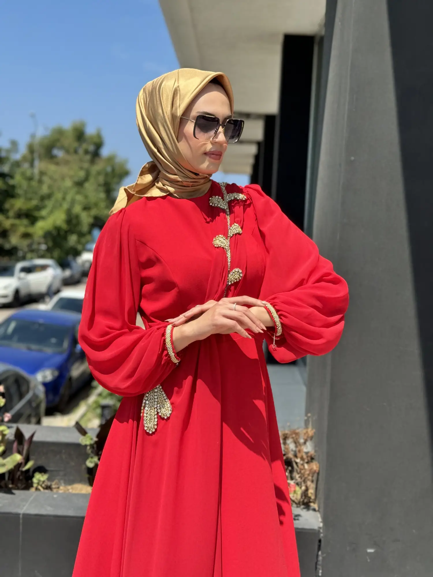 Jamila Sarah Karpuz Kollu Aller Şifonlu Aplikeli Tesettür Abiye Elbise 3031