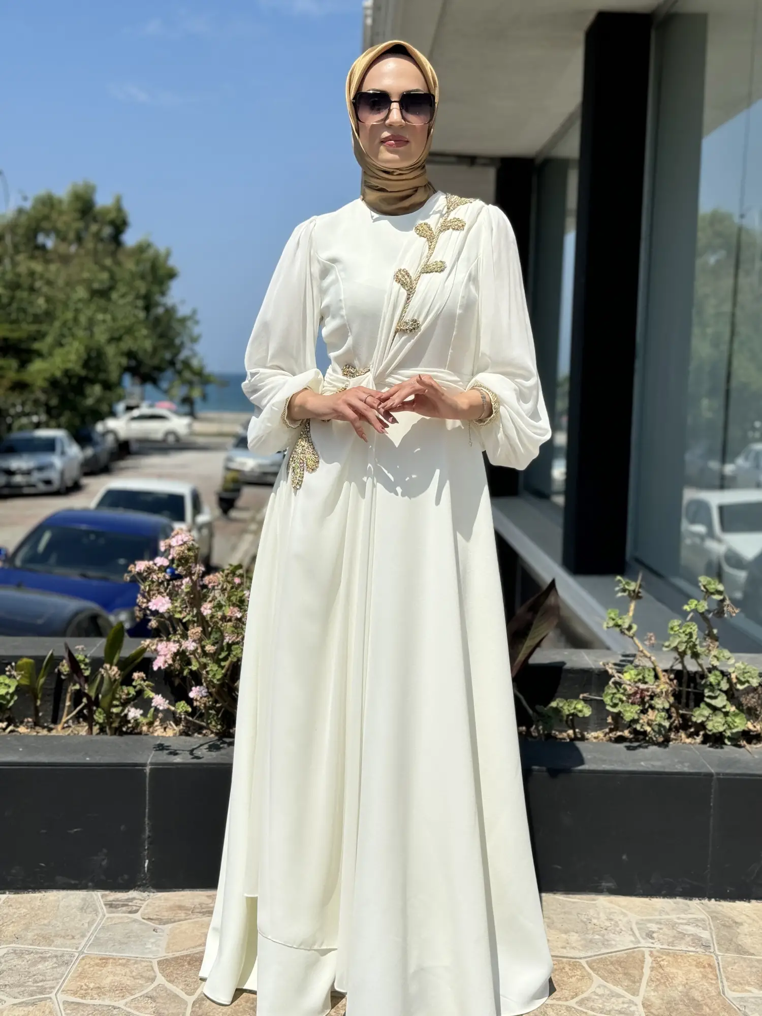 Jamila Sarah Karpuz Kollu Aller Şifonlu Aplikeli Tesettür Abiye Elbise 3031