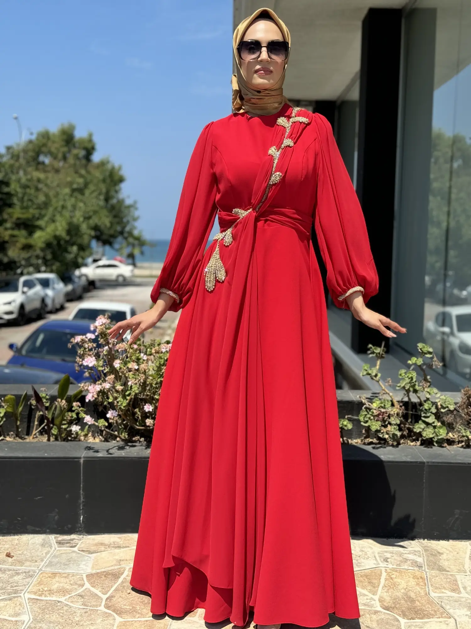 Jamila Sarah Karpuz Kollu Aller Şifonlu Aplikeli Tesettür Abiye Elbise 3031