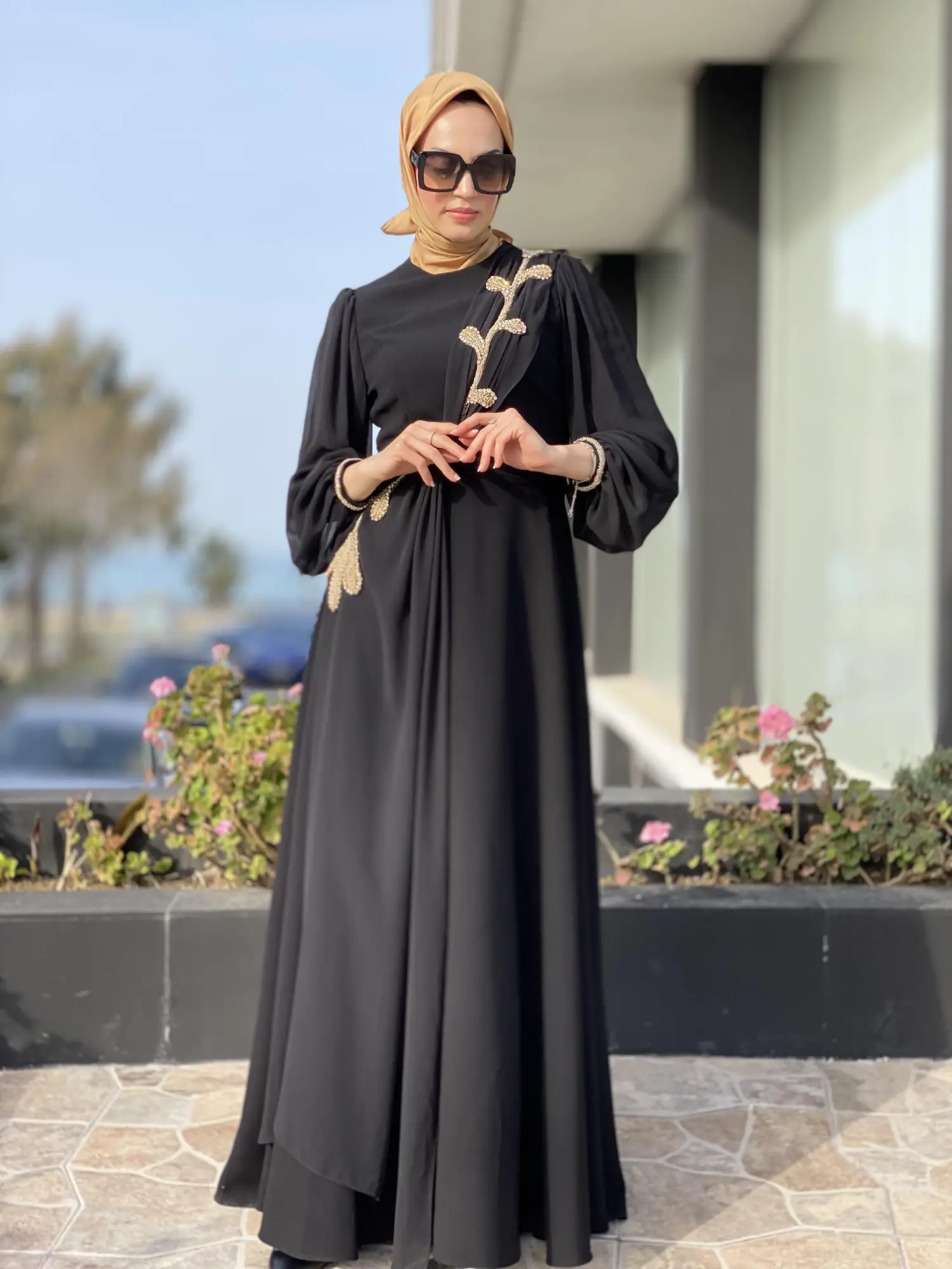 Jamila Sarah Karpuz Kollu Aller Şifonlu Aplikeli Tesettür Abiye Elbise 3031