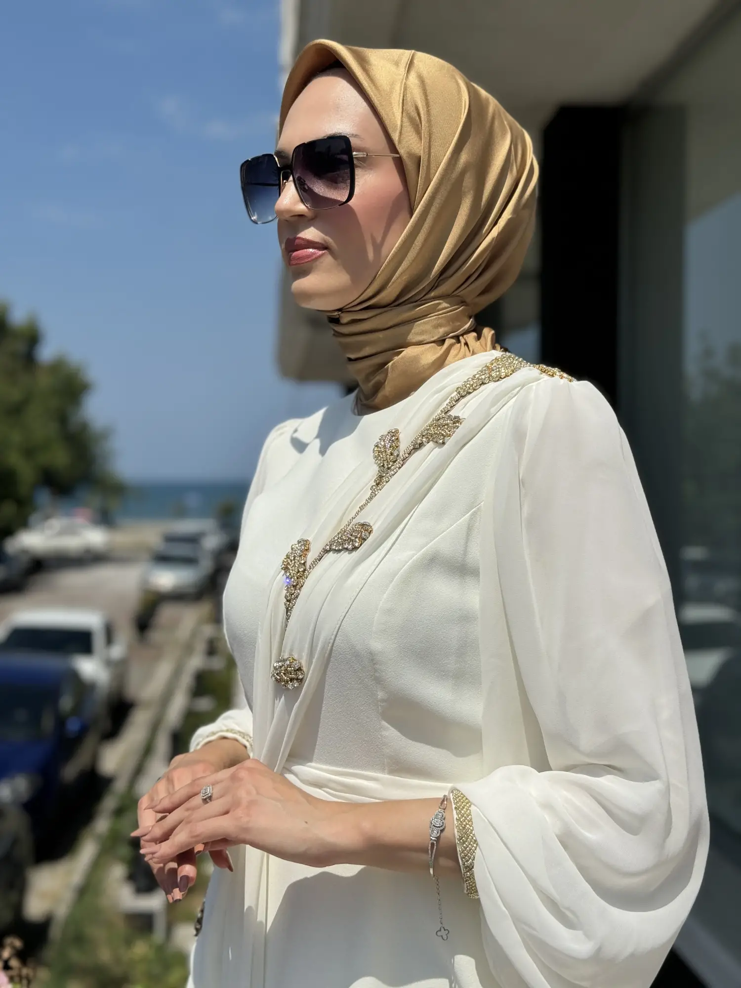 Jamila Sarah Karpuz Kollu Aller Şifonlu Aplikeli Tesettür Abiye Elbise 3031